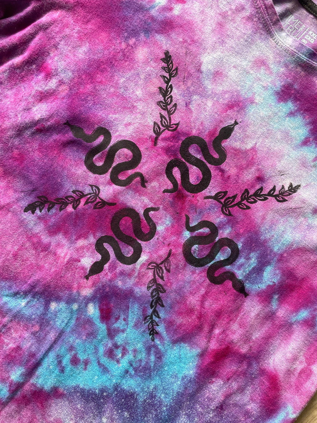 2X Juniors' Handprinted Snakes and Vines Galaxy Tie Dye Short Sleeve T-Shirt | One-Of-a-Kind Upcycled Purple, Pink, and Blue Ice Dye Top