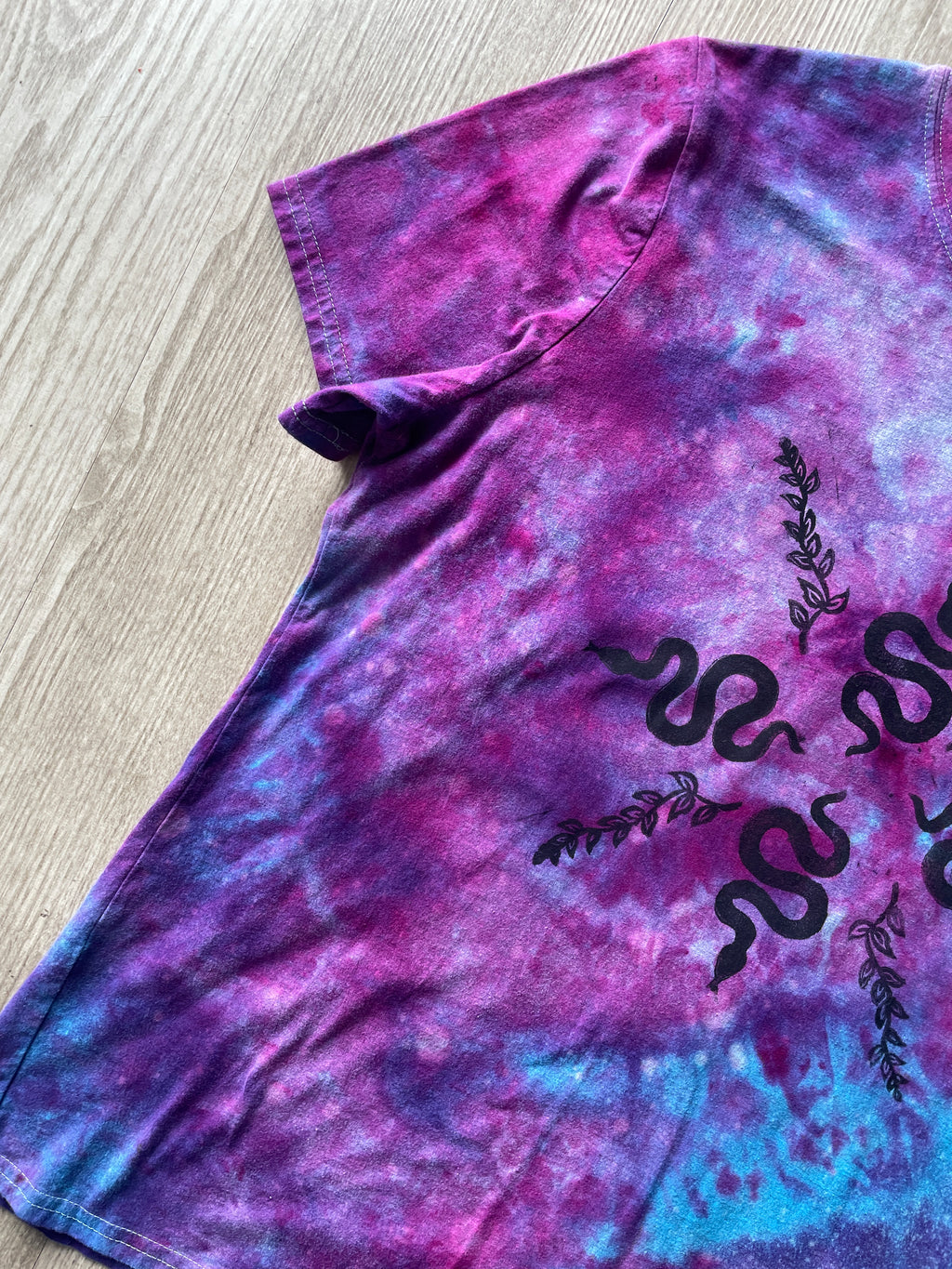 2X Juniors' Handprinted Snakes and Vines Galaxy Tie Dye Short Sleeve T-Shirt | One-Of-a-Kind Upcycled Purple, Pink, and Blue Ice Dye Top