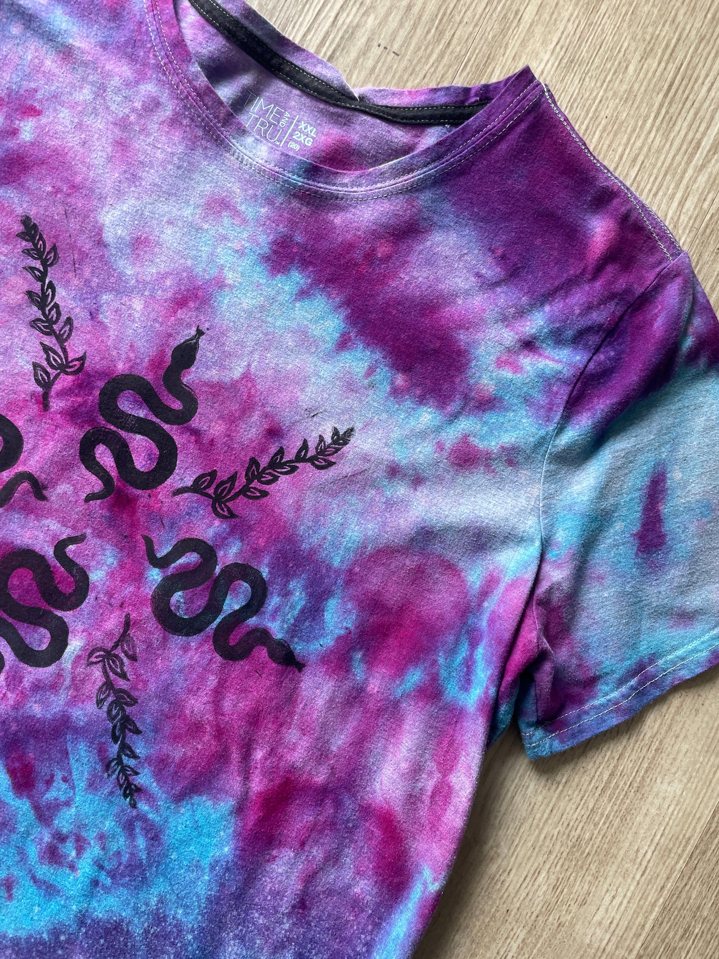2X Juniors' Handprinted Snakes and Vines Galaxy Tie Dye Short Sleeve T-Shirt | One-Of-a-Kind Upcycled Purple, Pink, and Blue Ice Dye Top