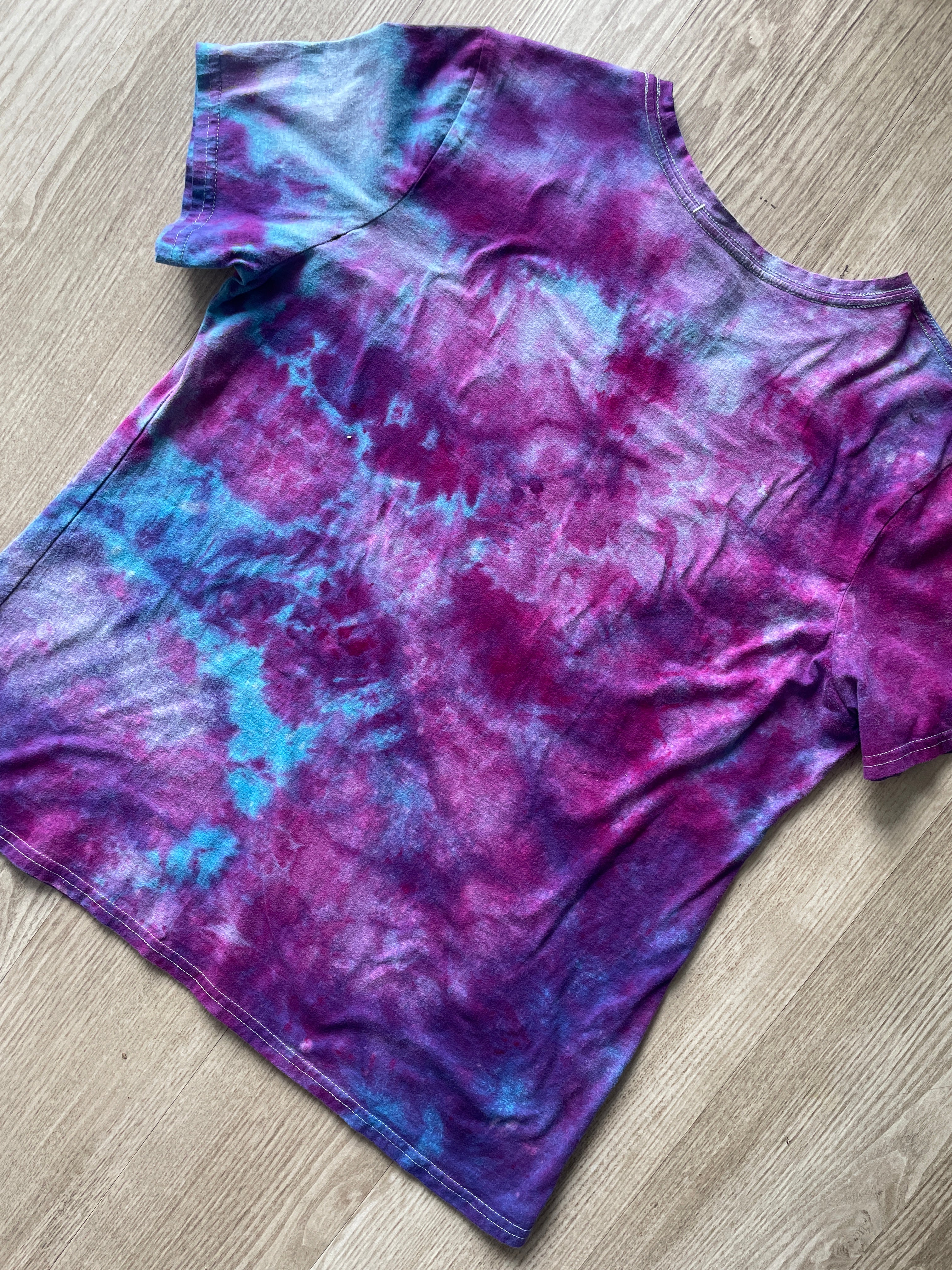 2X Juniors' Handprinted Snakes and Vines Galaxy Tie Dye Short Sleeve T-Shirt | One-Of-a-Kind Upcycled Purple, Pink, and Blue Ice Dye Top