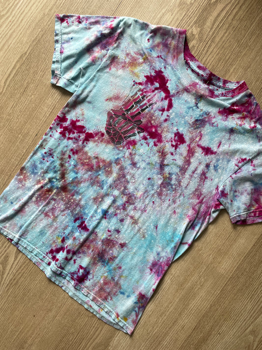 Medium Men's Hand-Printed Skeleton Peace Sign Galaxy Ice Dye Short Sleeve T-Shirt | Handmade One-Of-a-Kind Upcycled Pastel Blue and Pink Top