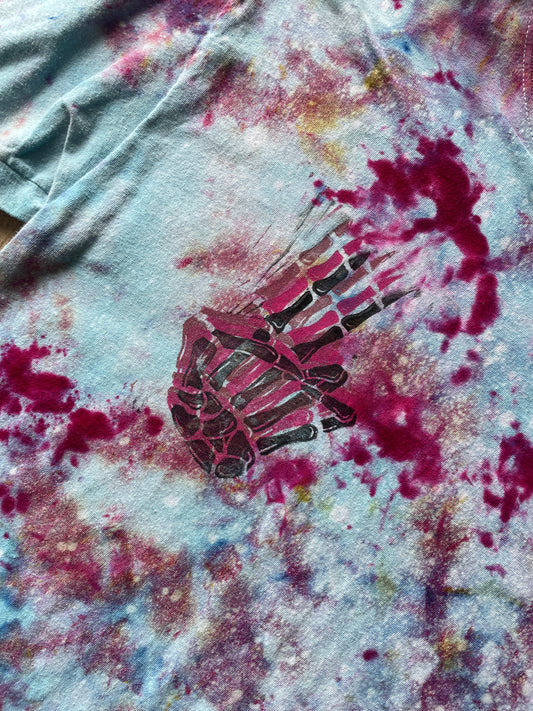 Medium Men's Hand-Printed Skeleton Peace Sign Galaxy Ice Dye Short Sleeve T-Shirt | Handmade One-Of-a-Kind Upcycled Pastel Blue and Pink Top