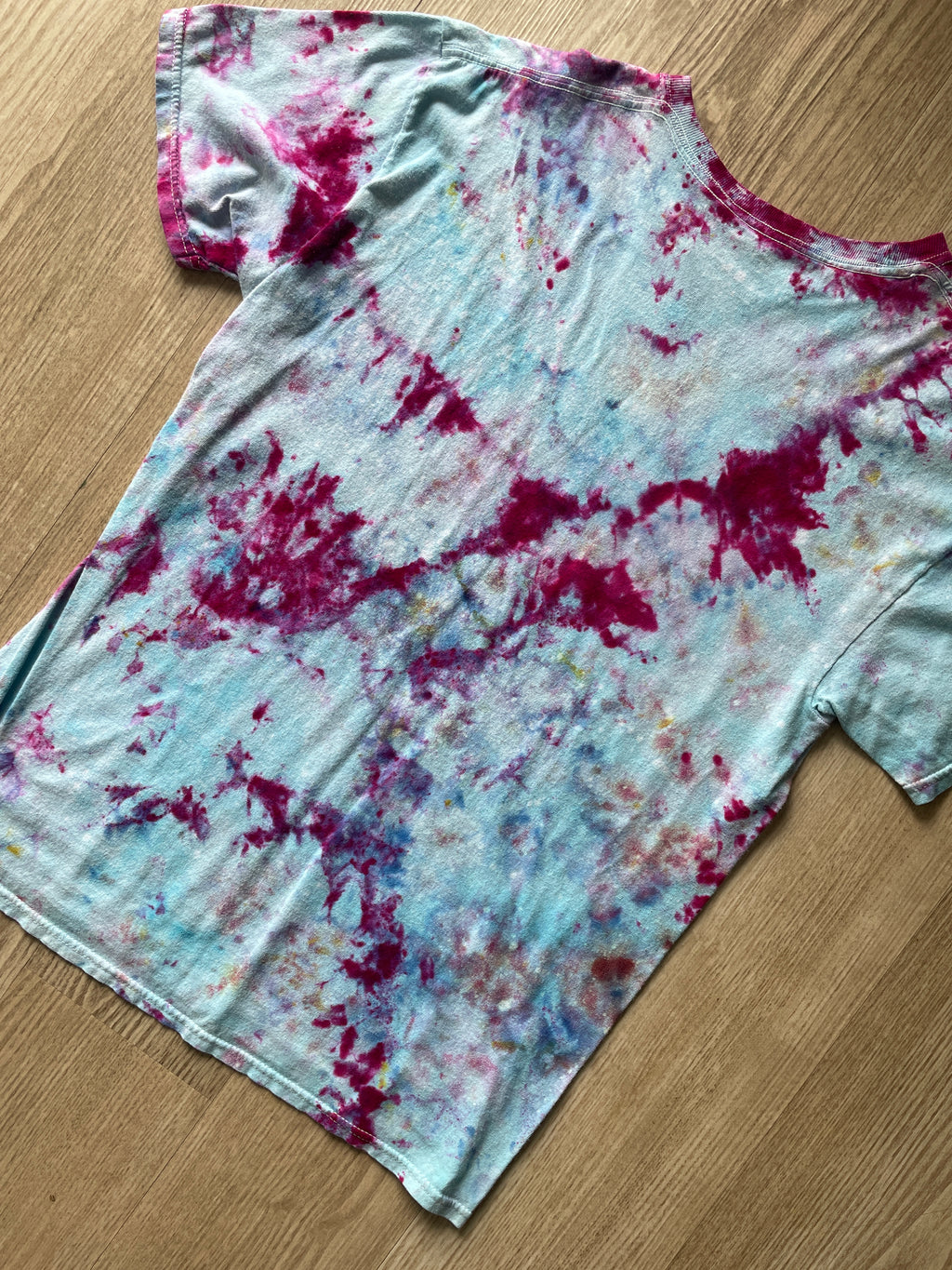 Medium Men's Hand-Printed Skeleton Peace Sign Galaxy Ice Dye Short Sleeve T-Shirt | Handmade One-Of-a-Kind Upcycled Pastel Blue and Pink Top