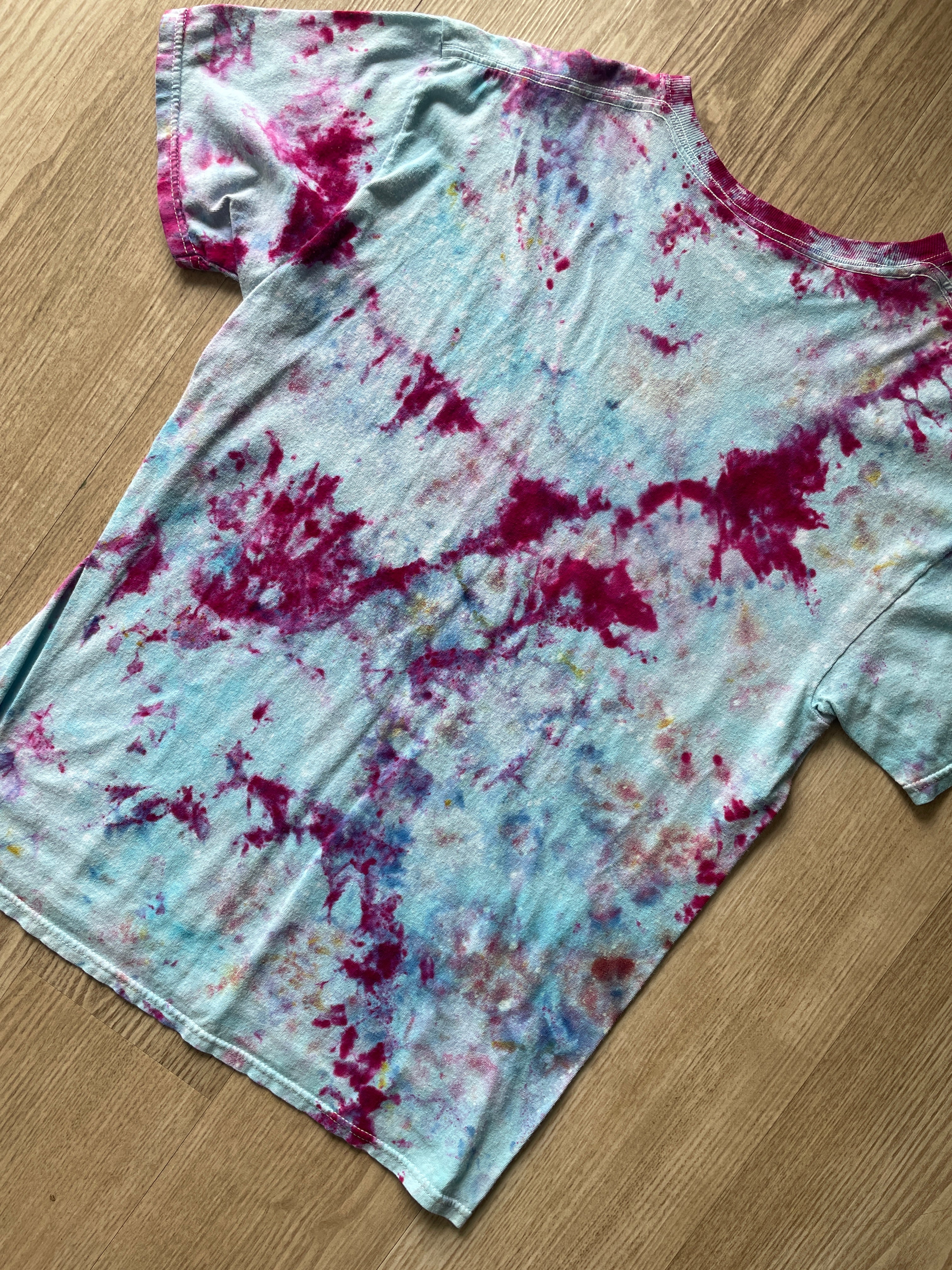 Medium Men's Hand-Printed Skeleton Peace Sign Galaxy Ice Dye Short Sleeve T-Shirt | Handmade One-Of-a-Kind Upcycled Pastel Blue and Pink Top