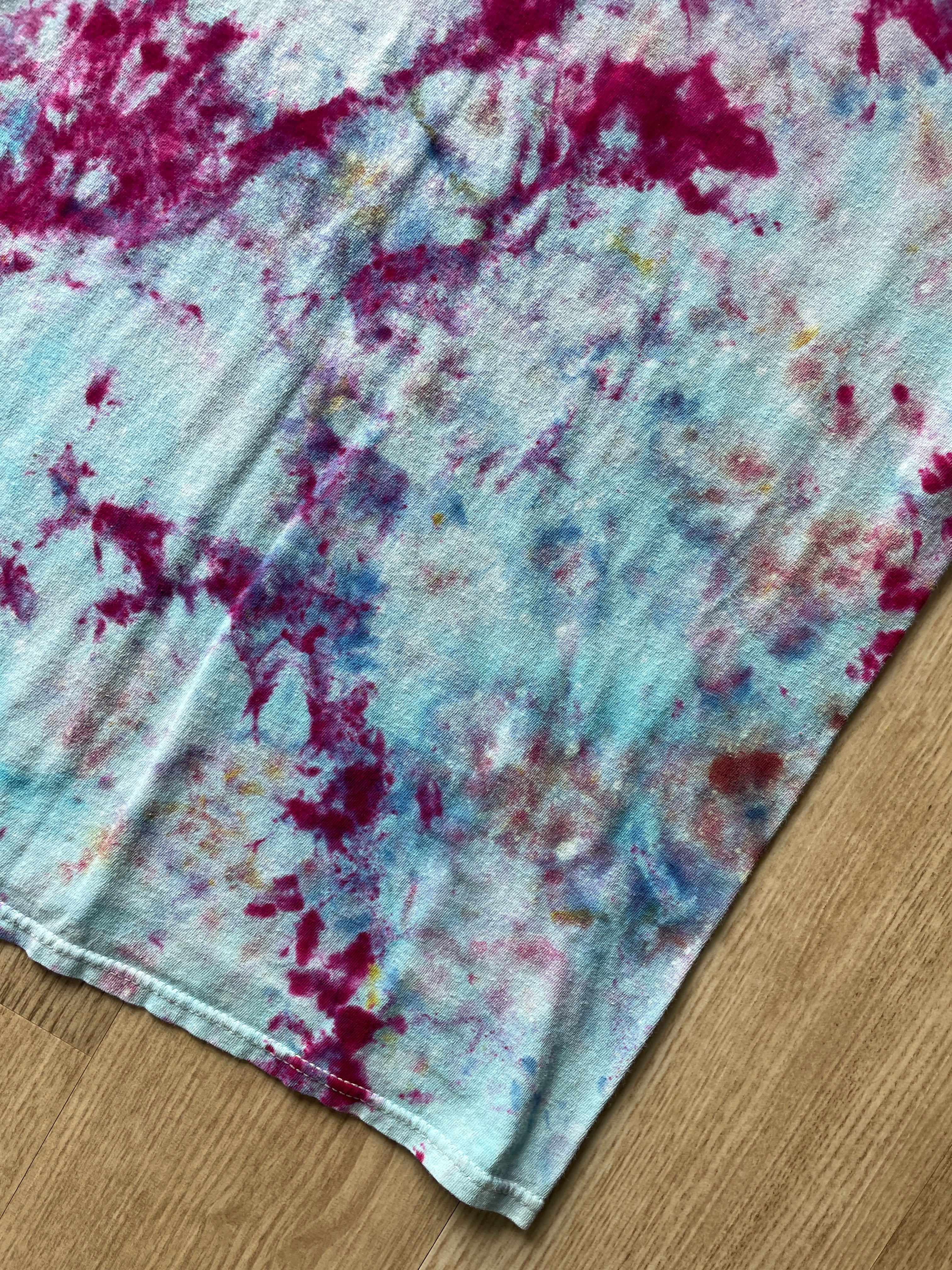 Medium Men's Hand-Printed Skeleton Peace Sign Galaxy Ice Dye Short Sleeve T-Shirt | Handmade One-Of-a-Kind Upcycled Pastel Blue and Pink Top