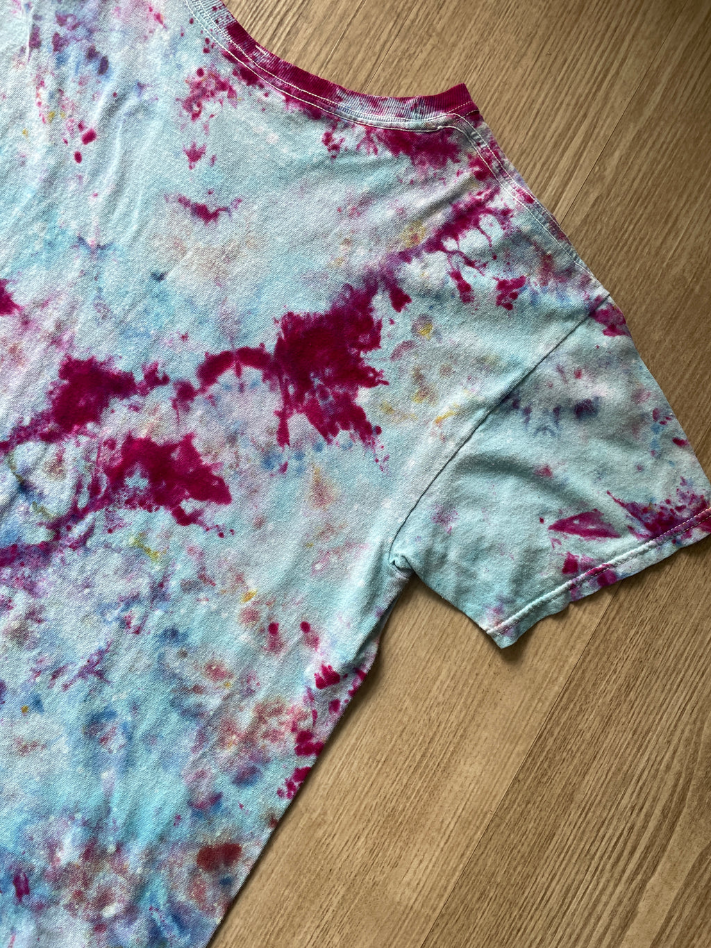 Medium Men's Hand-Printed Skeleton Peace Sign Galaxy Ice Dye Short Sleeve T-Shirt | Handmade One-Of-a-Kind Upcycled Pastel Blue and Pink Top