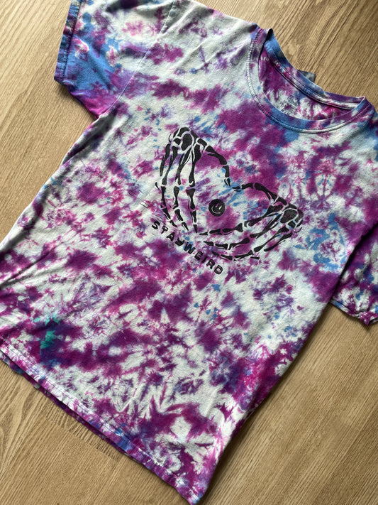 MEDIUM Men’s Stay Weird Skeleton Heart Hands Tie Dye Short Sleeve T-Shirt | One-Of-a-Kind Upcycled Blue, White, and Purple Crumpled Top