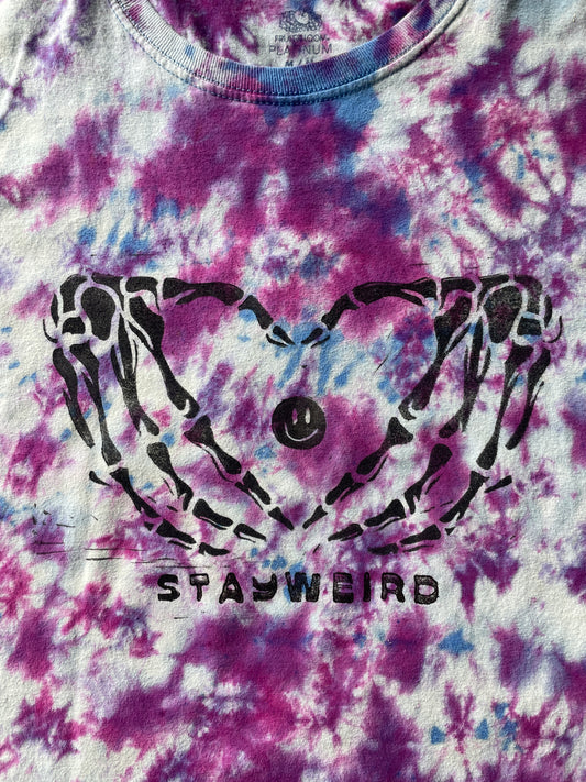 MEDIUM Men’s Stay Weird Skeleton Heart Hands Tie Dye Short Sleeve T-Shirt | One-Of-a-Kind Upcycled Blue, White, and Purple Crumpled Top