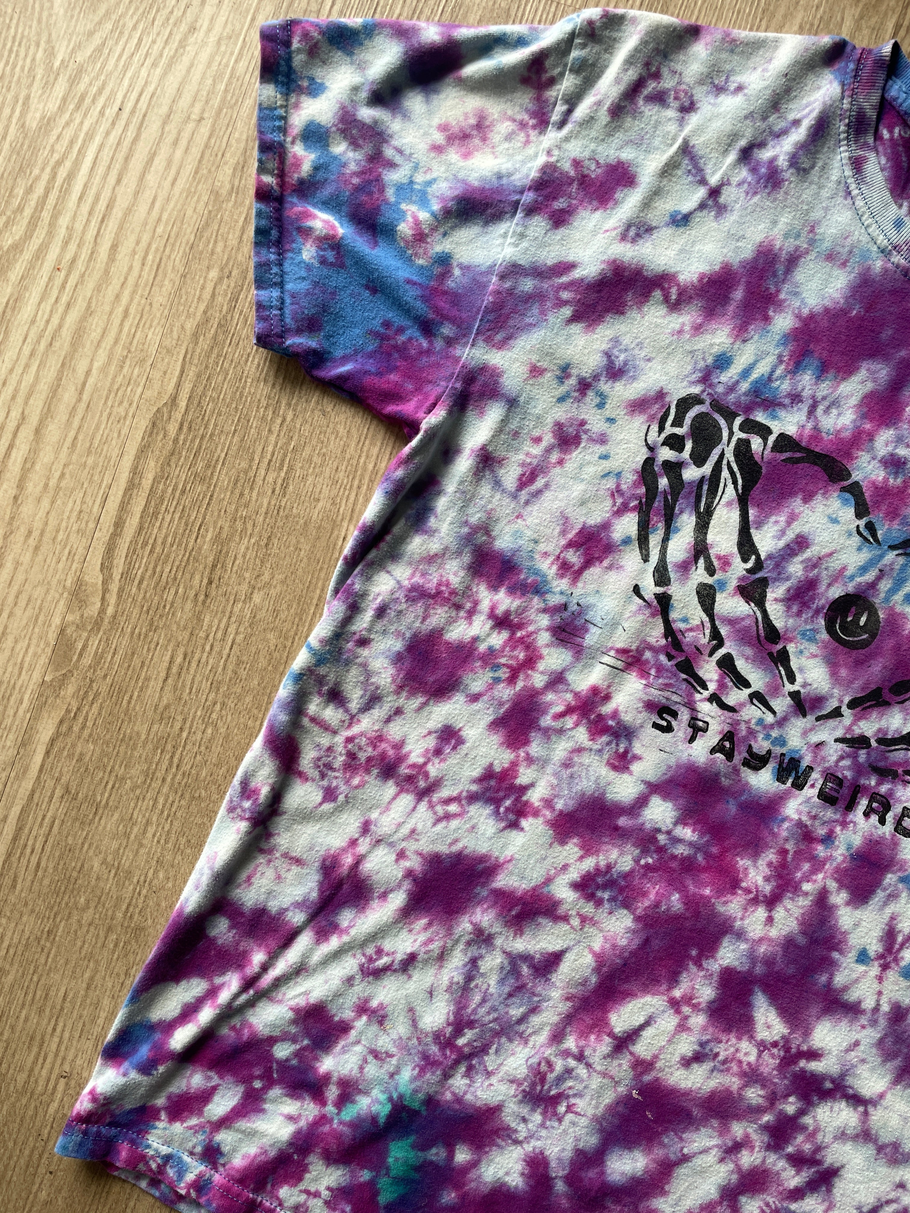 MEDIUM Men’s Stay Weird Skeleton Heart Hands Tie Dye Short Sleeve T-Shirt | One-Of-a-Kind Upcycled Blue, White, and Purple Crumpled Top