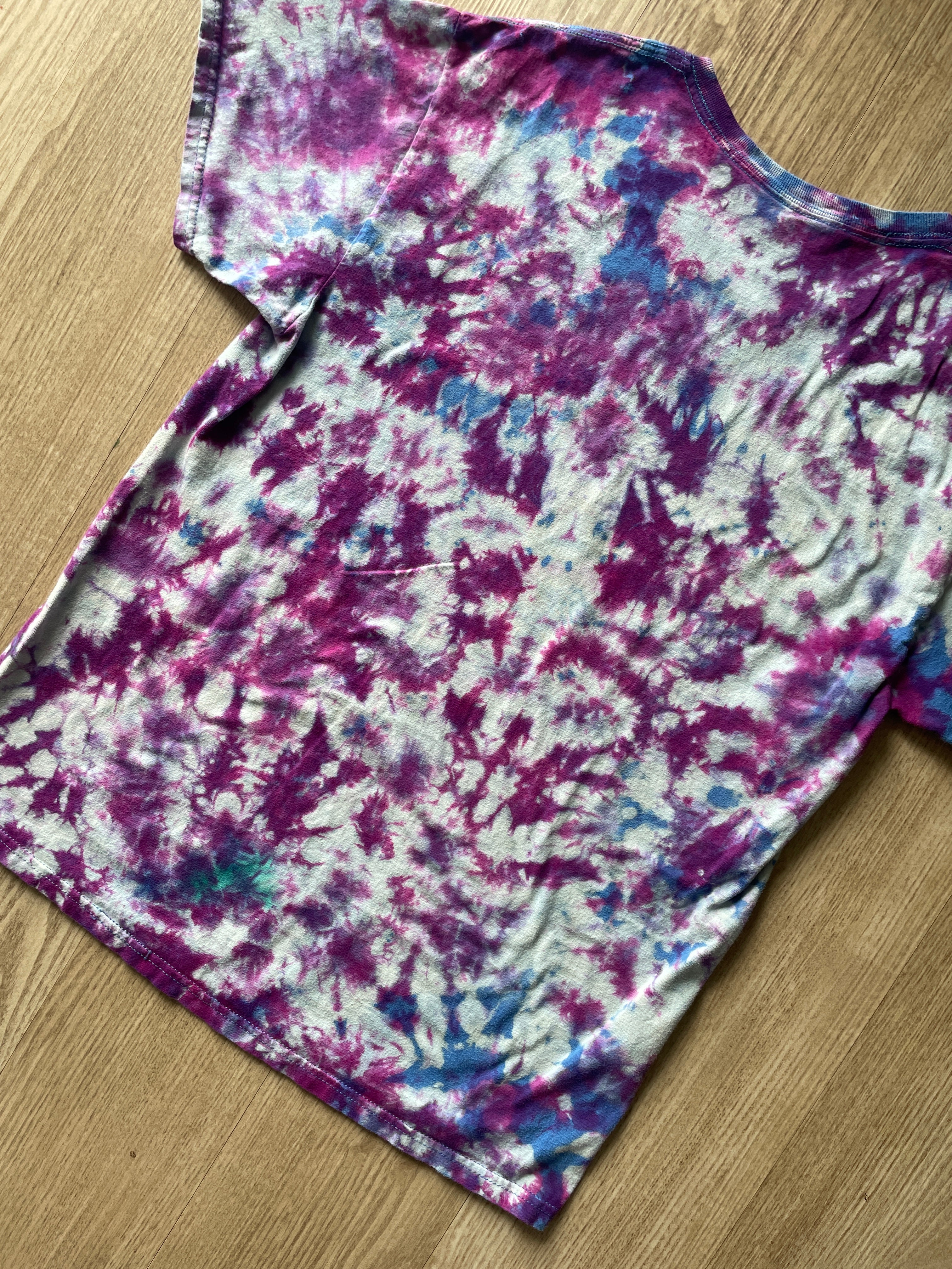 MEDIUM Men’s Stay Weird Skeleton Heart Hands Tie Dye Short Sleeve T-Shirt | One-Of-a-Kind Upcycled Blue, White, and Purple Crumpled Top