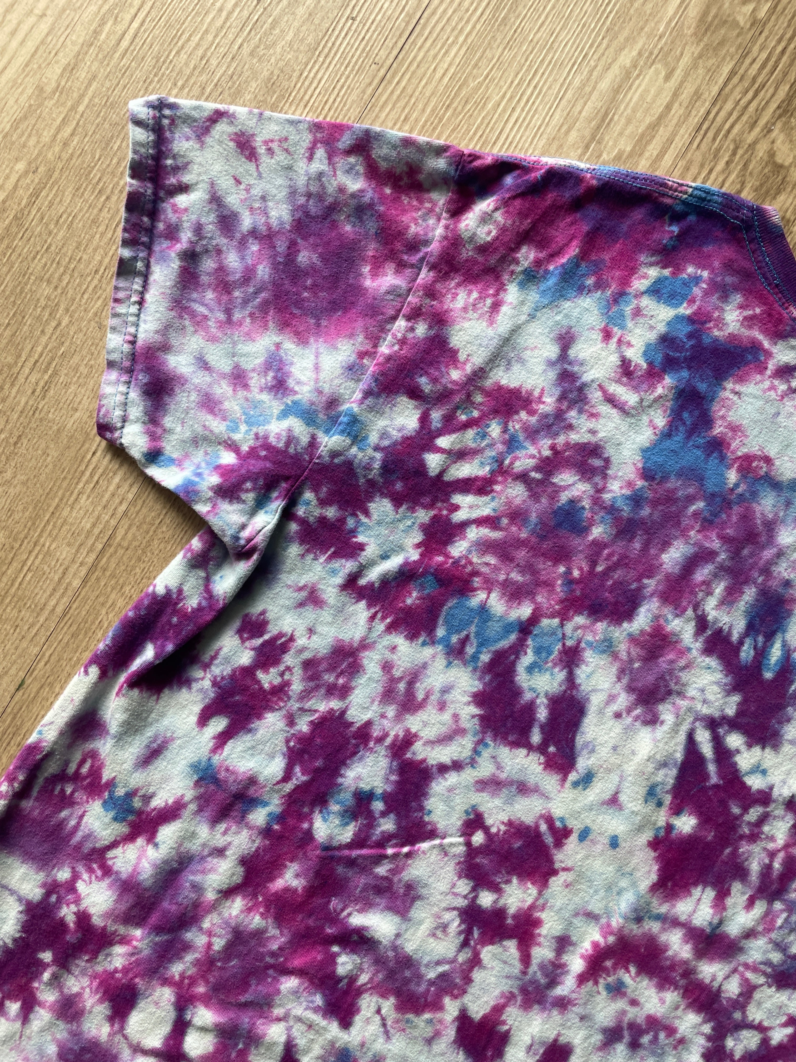 MEDIUM Men’s Stay Weird Skeleton Heart Hands Tie Dye Short Sleeve T-Shirt | One-Of-a-Kind Upcycled Blue, White, and Purple Crumpled Top