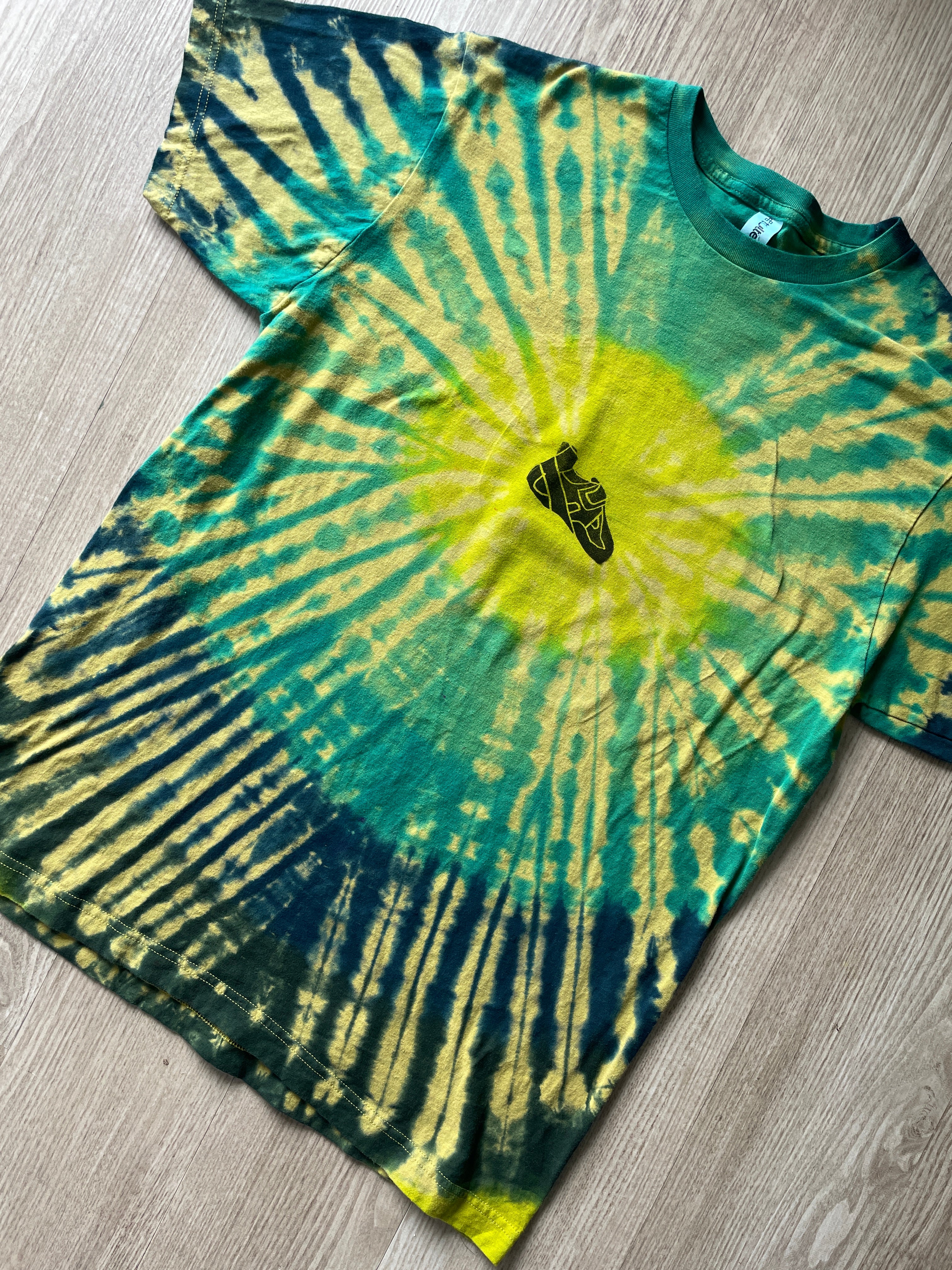 LARGE Men’s Climbing Shoe Handmade Tie Dyed T-Shirt | One-Of-a-Kind Yellow, Blue, and Green Pleated Short Sleeve