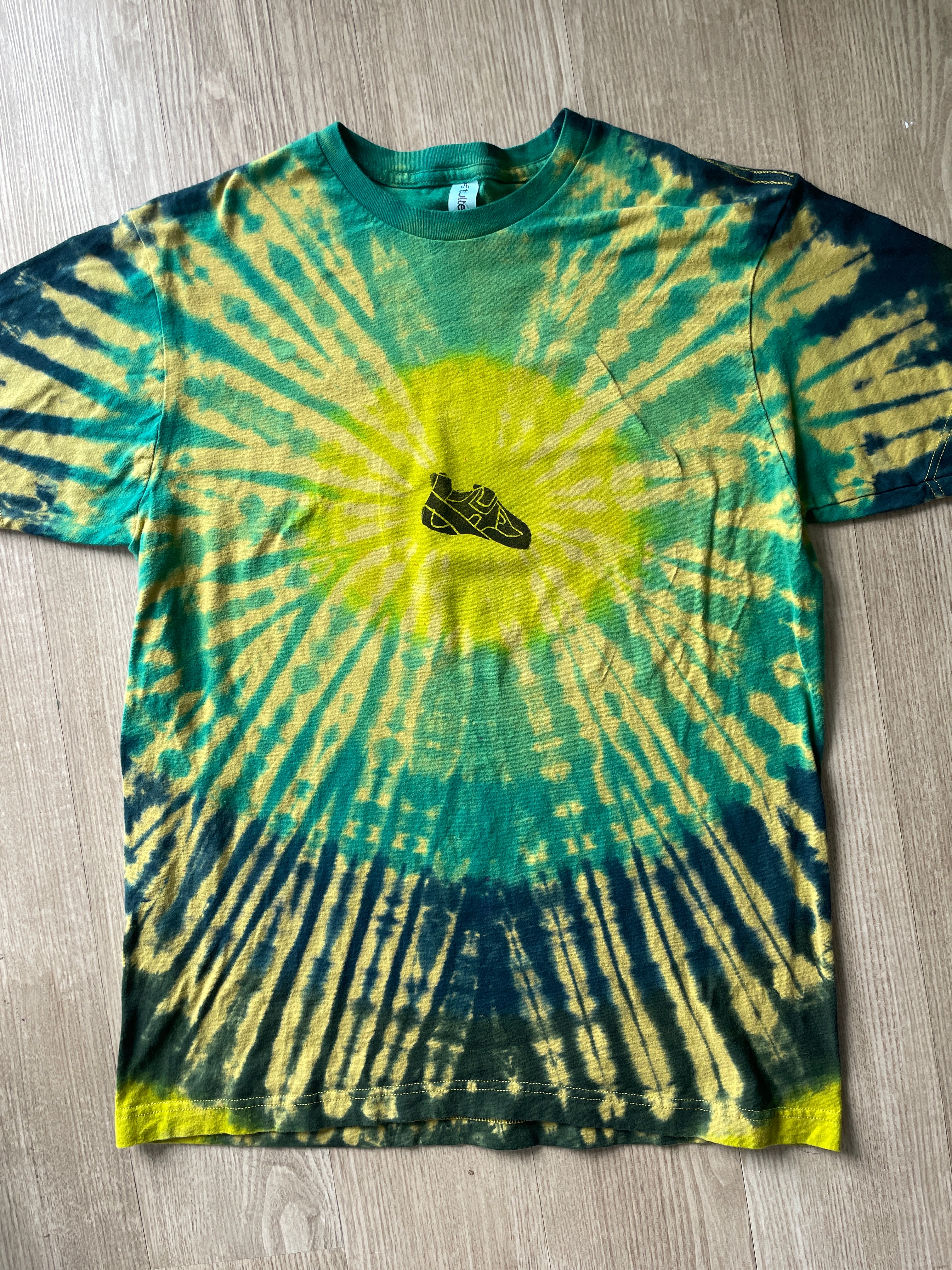 LARGE Men’s Climbing Shoe Handmade Tie Dyed T-Shirt | One-Of-a-Kind Yellow, Blue, and Green Pleated Short Sleeve