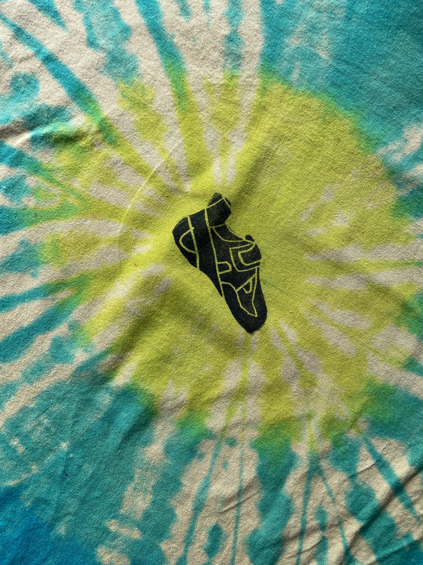 LARGE Men’s Climbing Shoe Handmade Tie Dyed T-Shirt | One-Of-a-Kind Yellow, Blue, and Green Pleated Short Sleeve