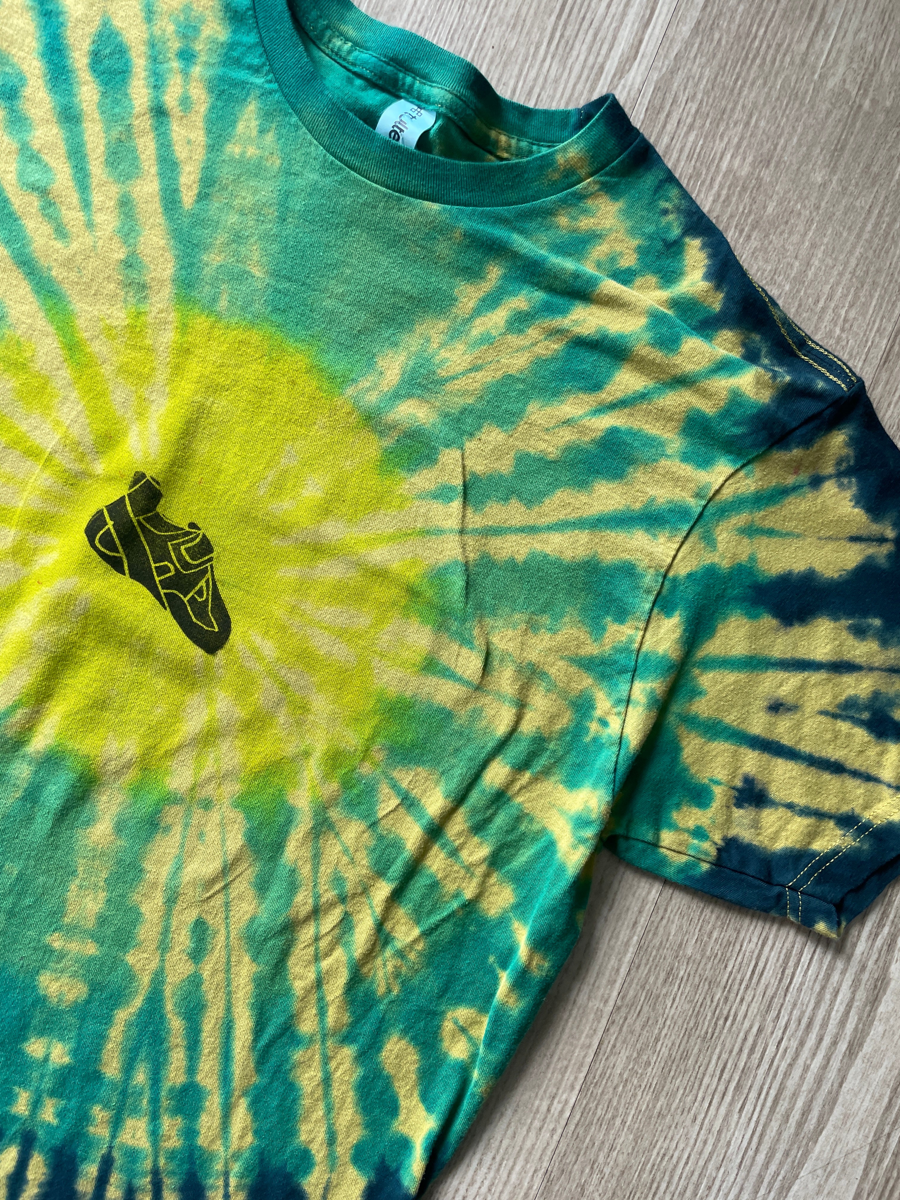 LARGE Men’s Climbing Shoe Handmade Tie Dyed T-Shirt | One-Of-a-Kind Yellow, Blue, and Green Pleated Short Sleeve