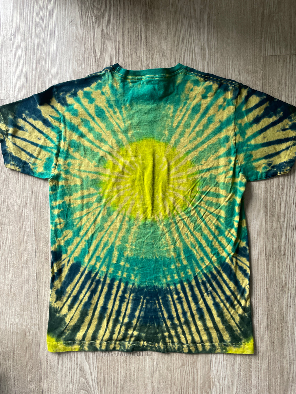 LARGE Men’s Climbing Shoe Handmade Tie Dyed T-Shirt | One-Of-a-Kind Yellow, Blue, and Green Pleated Short Sleeve