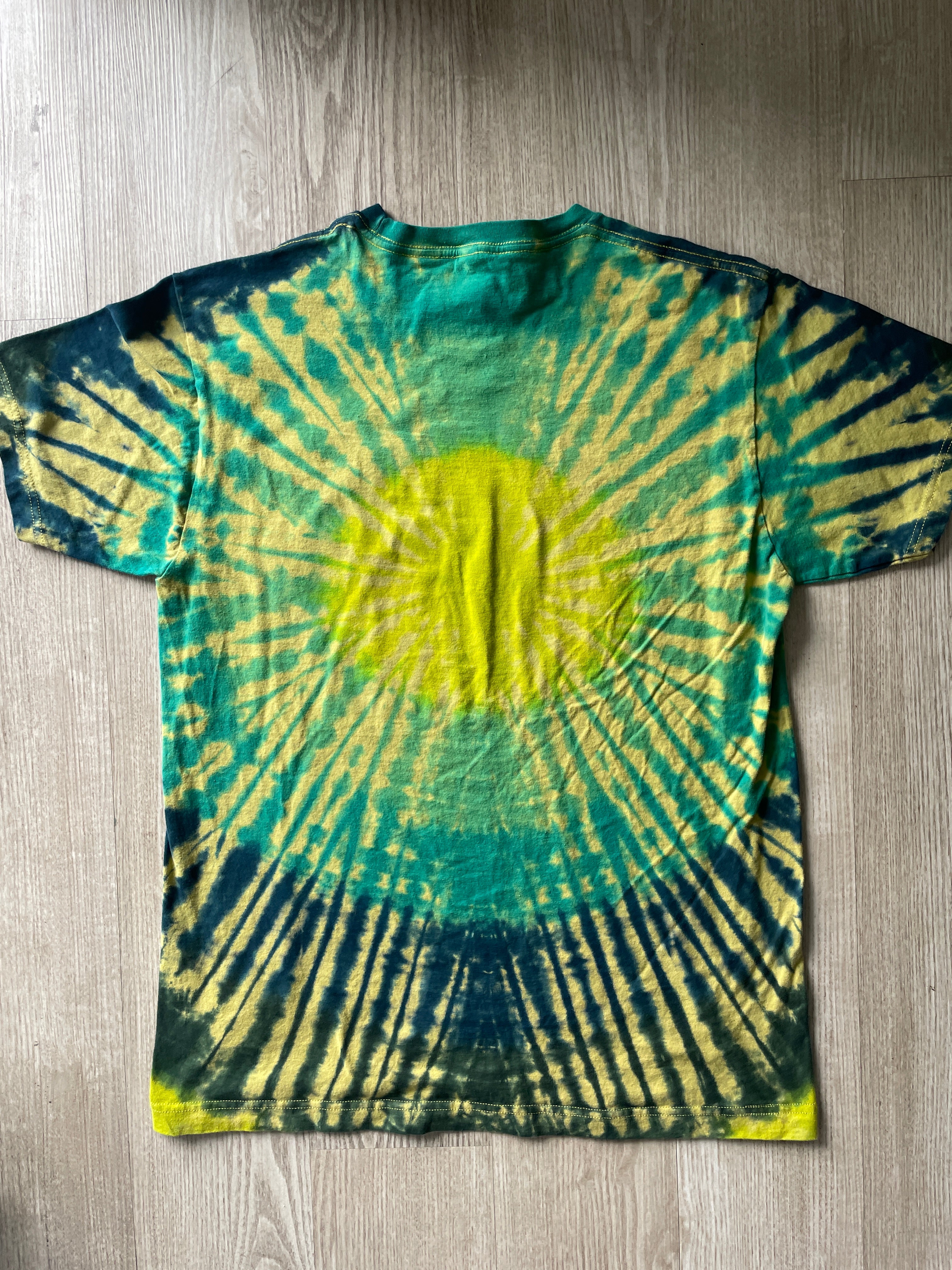 LARGE Men’s Climbing Shoe Handmade Tie Dyed T-Shirt | One-Of-a-Kind Yellow, Blue, and Green Pleated Short Sleeve