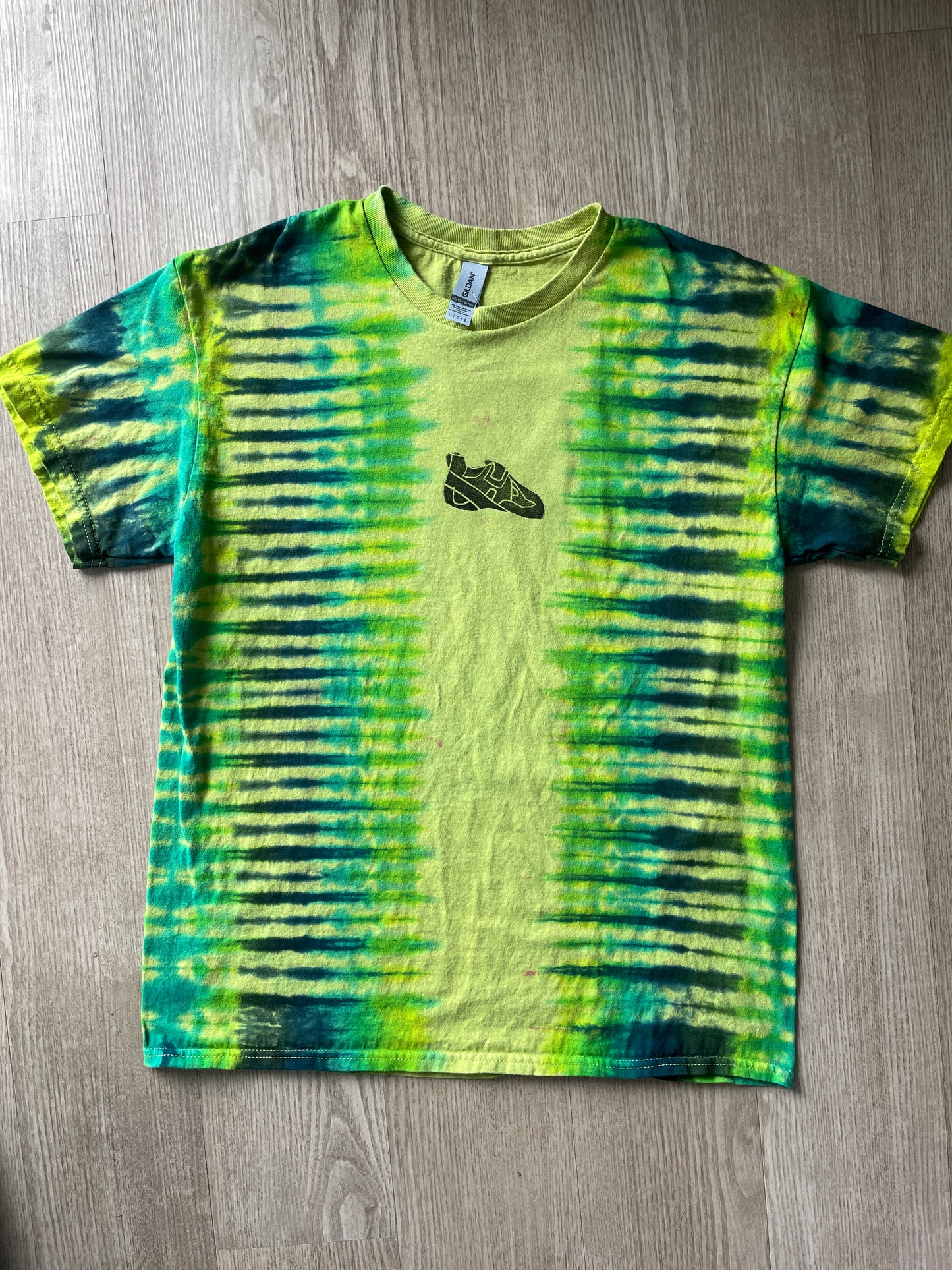 LARGE Men’s Climbing Shoe Handmade Tie Dyed T-Shirt | One-Of-a-Kind Yellow, Blue, and Green Pleated Short Sleeve