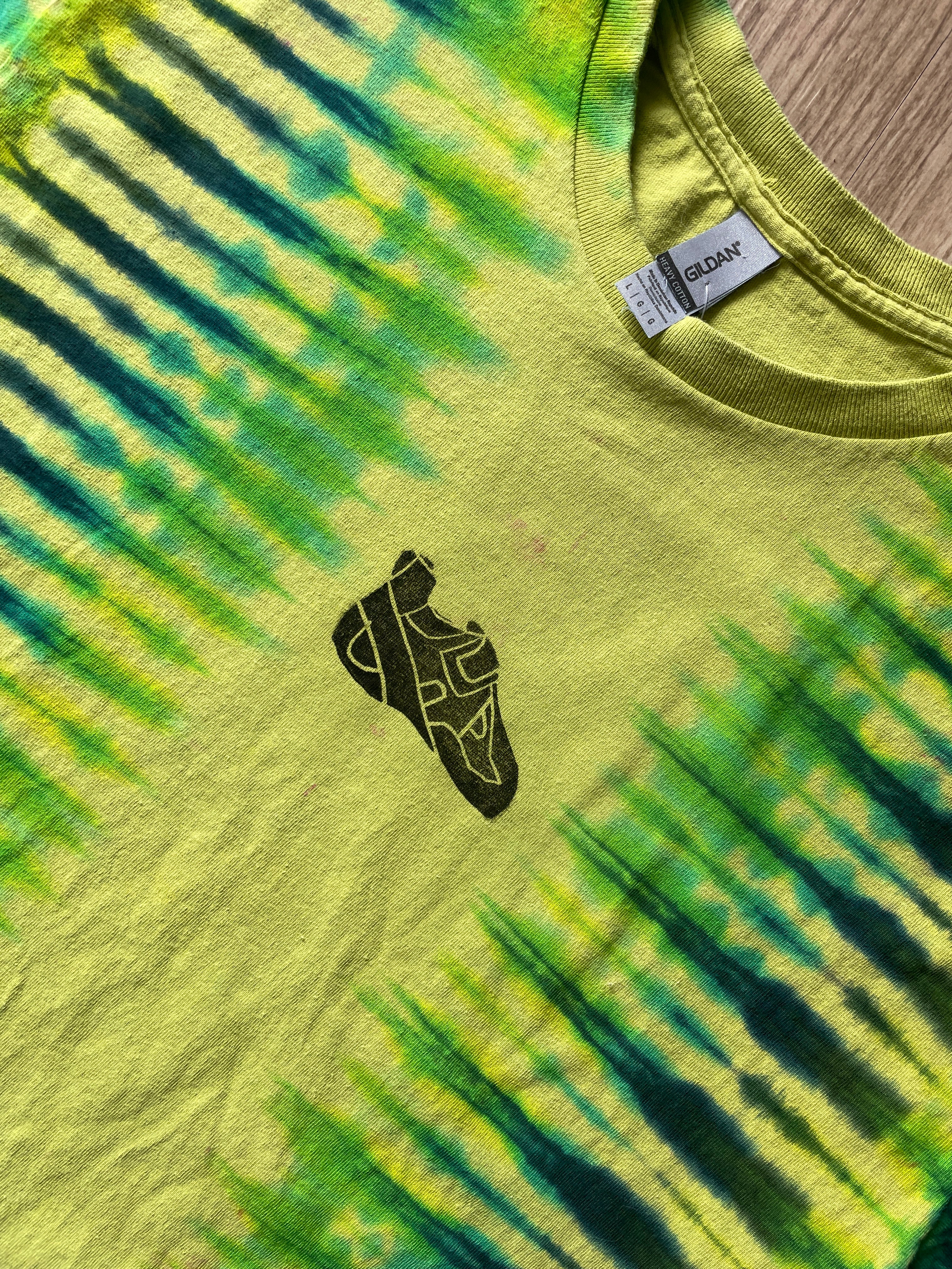 LARGE Men’s Climbing Shoe Handmade Tie Dyed T-Shirt | One-Of-a-Kind Yellow, Blue, and Green Pleated Short Sleeve