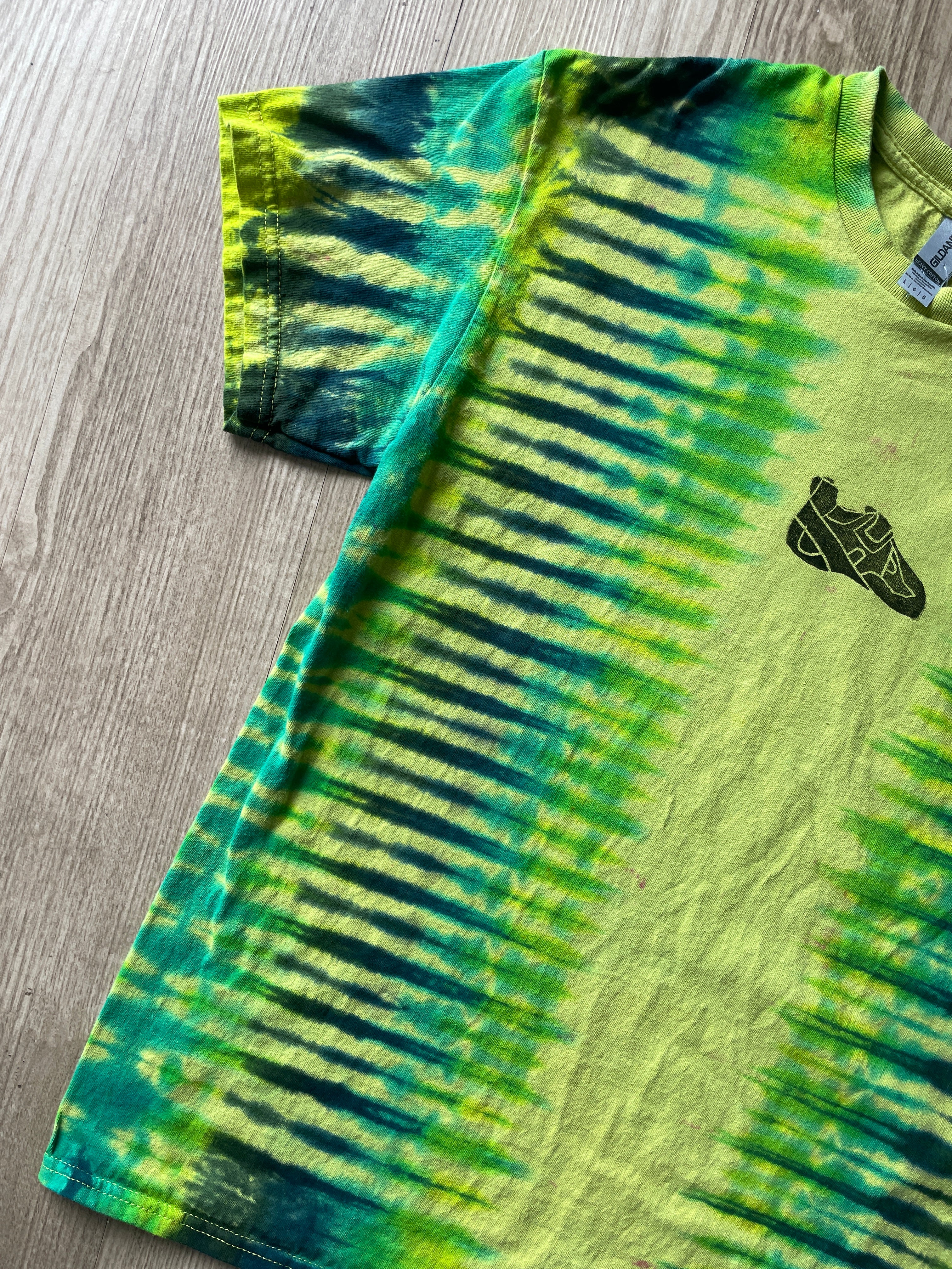 LARGE Men’s Climbing Shoe Handmade Tie Dyed T-Shirt | One-Of-a-Kind Yellow, Blue, and Green Pleated Short Sleeve