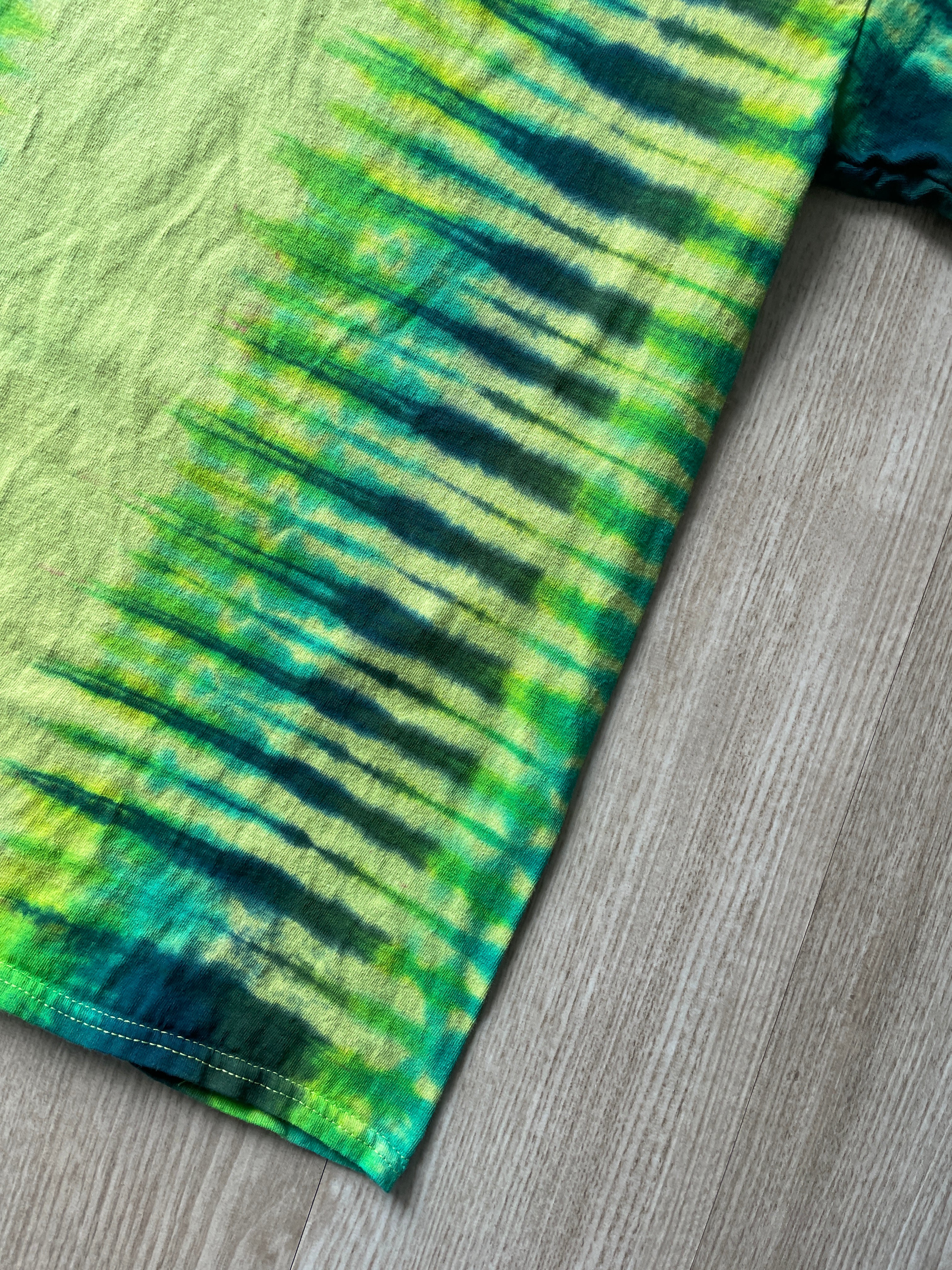 LARGE Men’s Climbing Shoe Handmade Tie Dyed T-Shirt | One-Of-a-Kind Yellow, Blue, and Green Pleated Short Sleeve