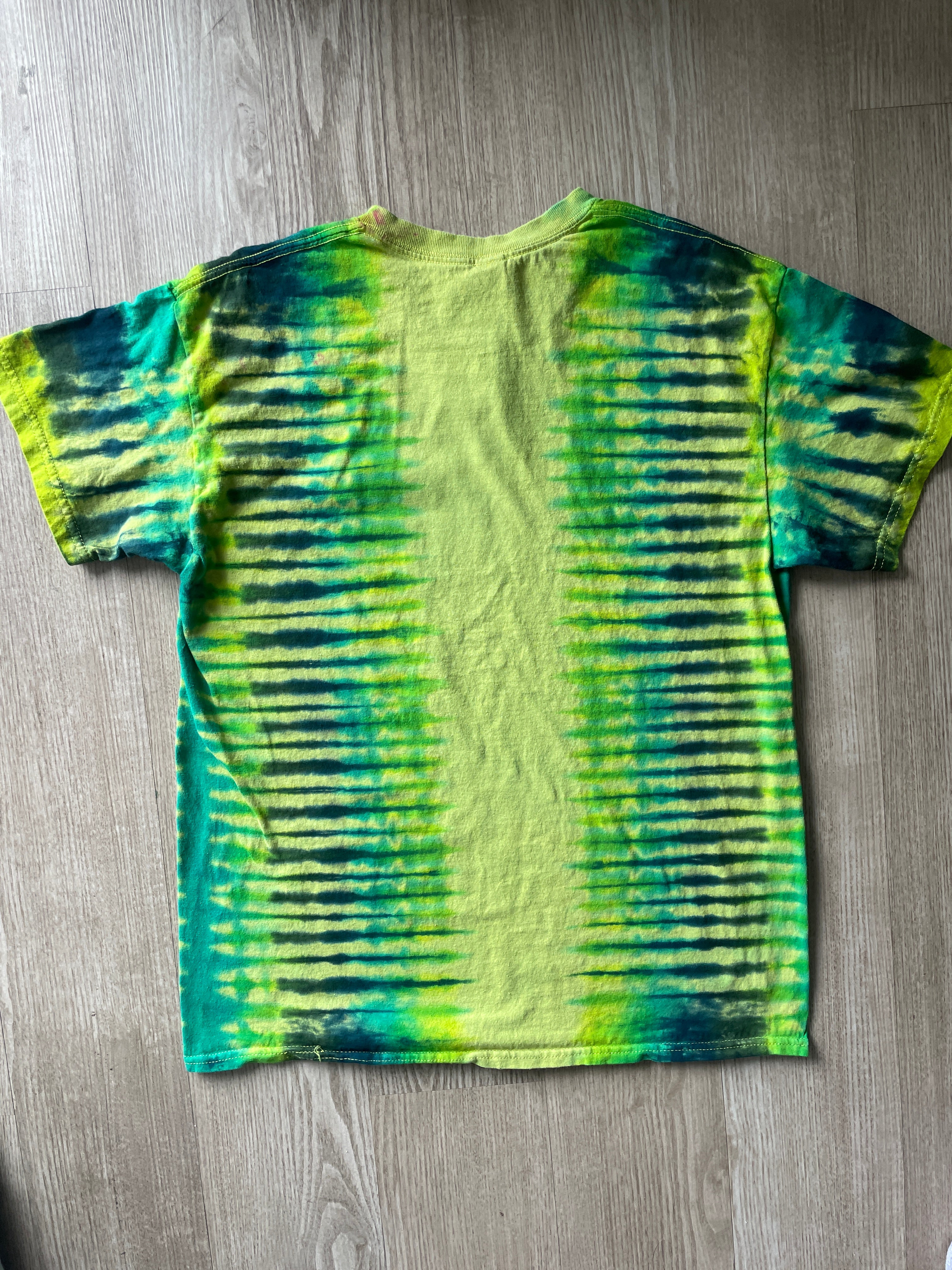 LARGE Men’s Climbing Shoe Handmade Tie Dyed T-Shirt | One-Of-a-Kind Yellow, Blue, and Green Pleated Short Sleeve