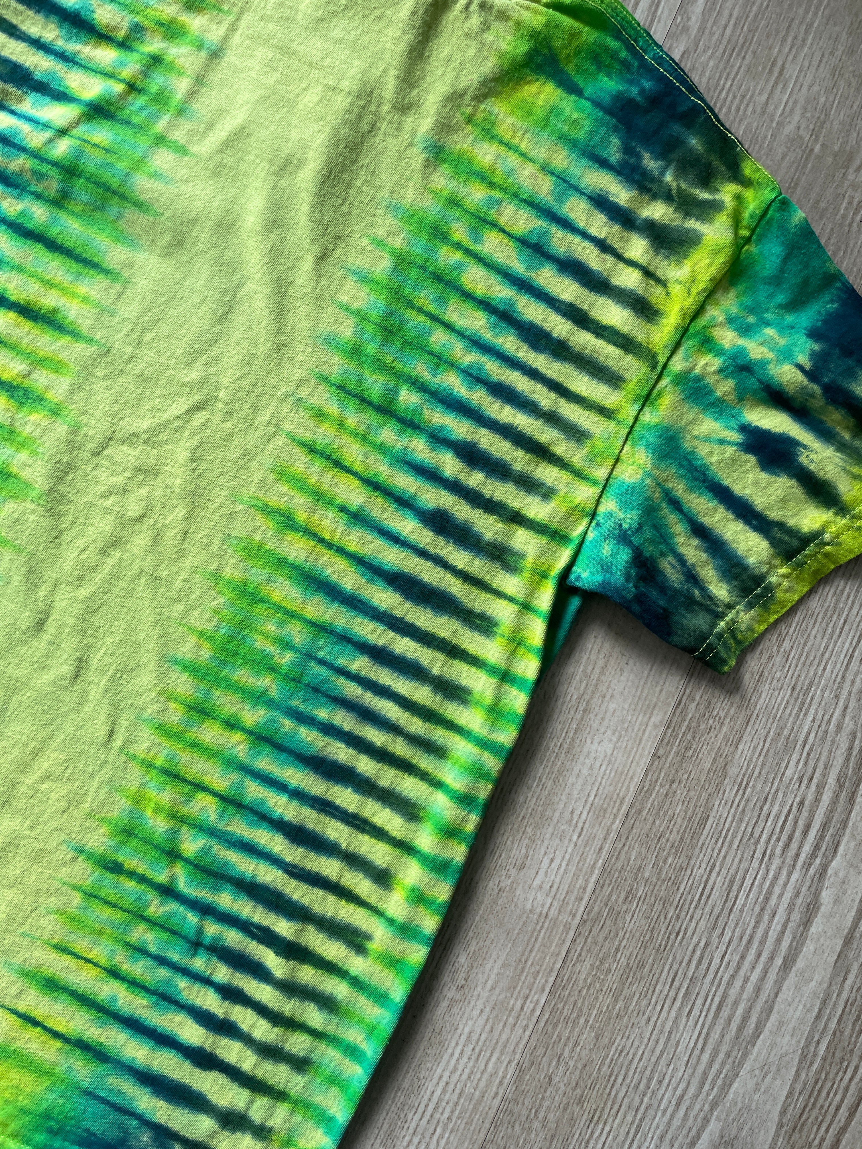 LARGE Men’s Climbing Shoe Handmade Tie Dyed T-Shirt | One-Of-a-Kind Yellow, Blue, and Green Pleated Short Sleeve