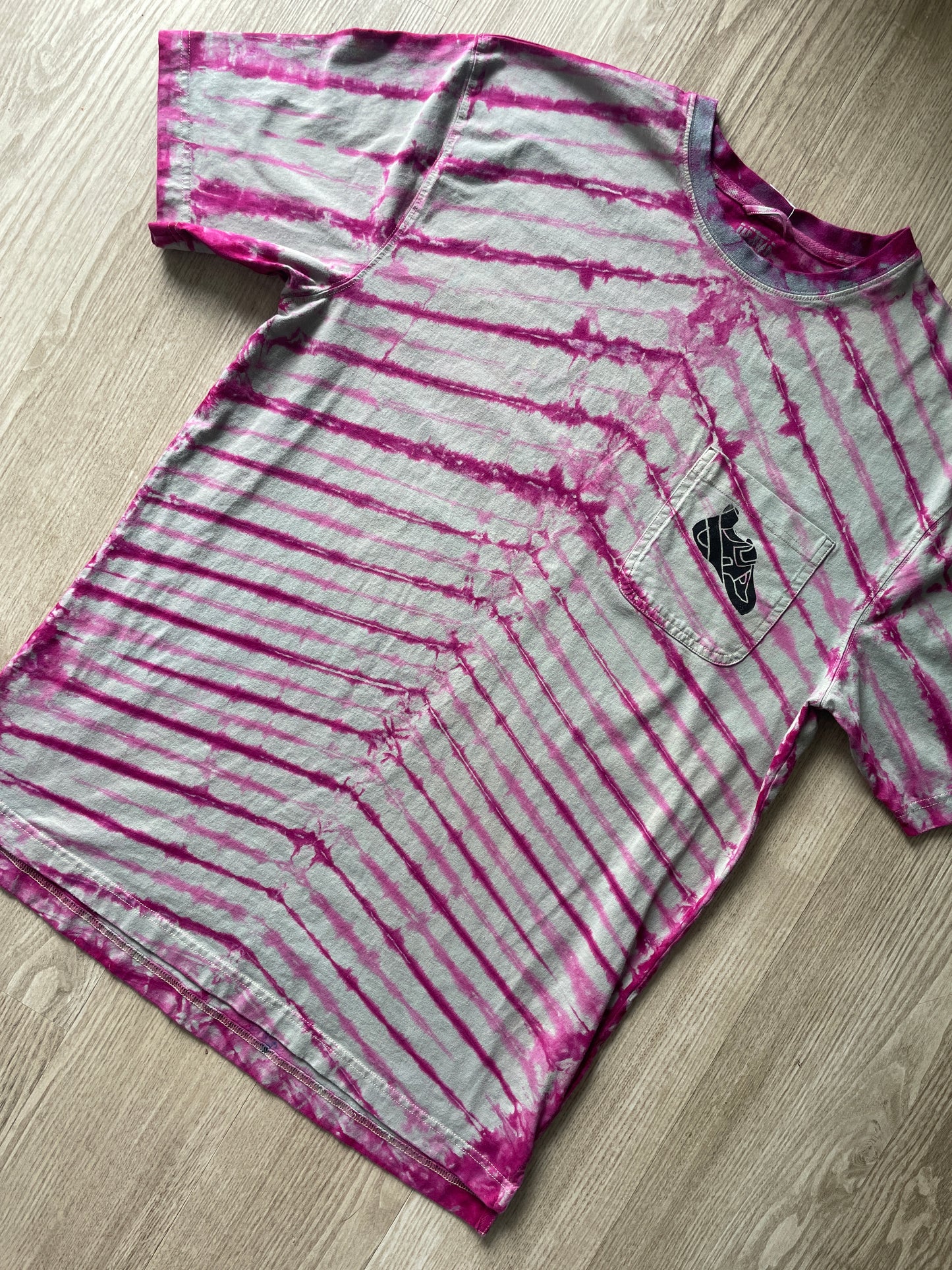 LARGE (Tall) Men’s Climbing Shoe Handmade Tie Dyed T-Shirt | One-Of-a-Kind Gray and Pink Pleated Short Sleeve