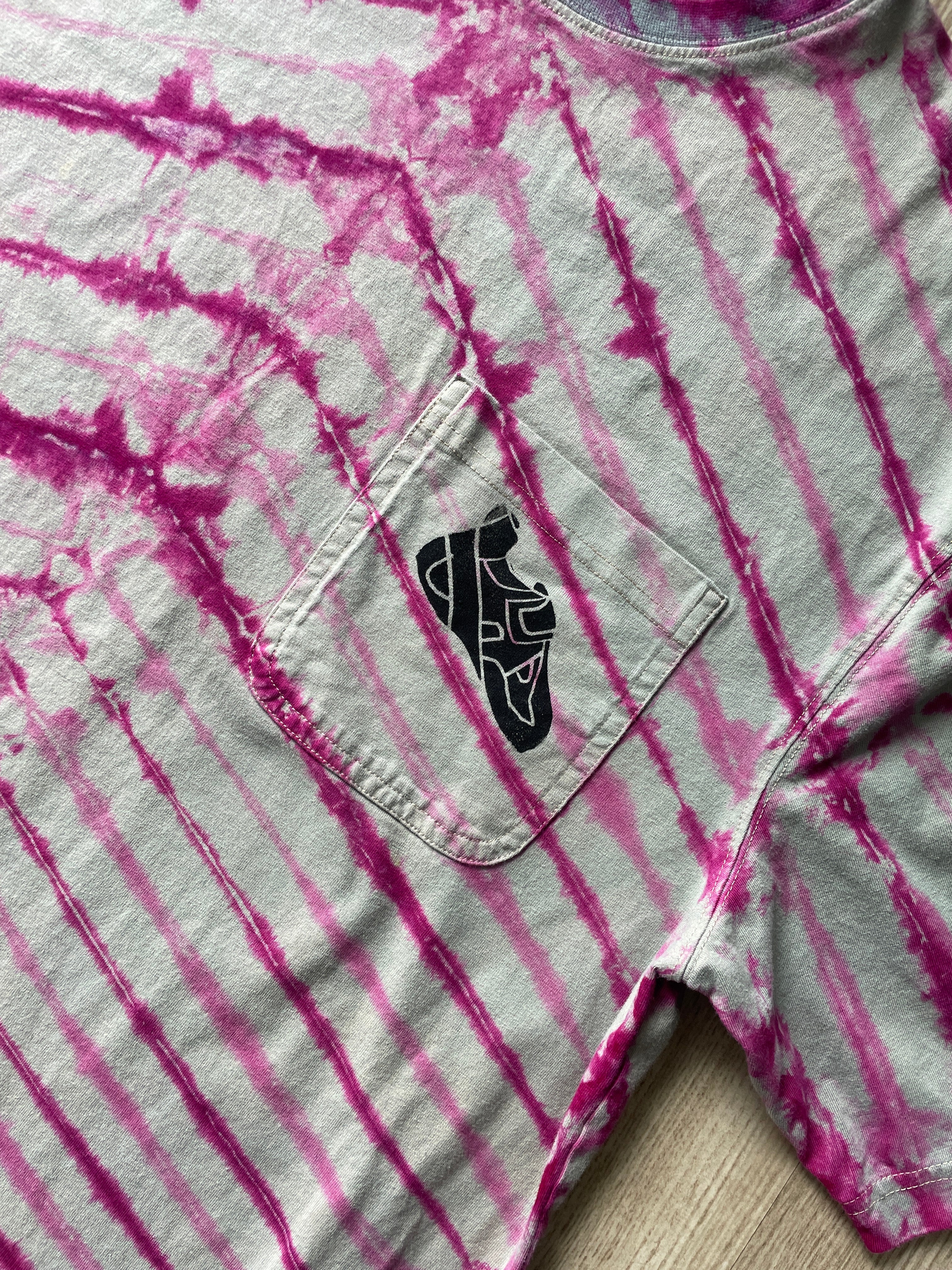 LARGE (Tall) Men’s Climbing Shoe Handmade Tie Dyed T-Shirt | One-Of-a-Kind Gray and Pink Pleated Short Sleeve