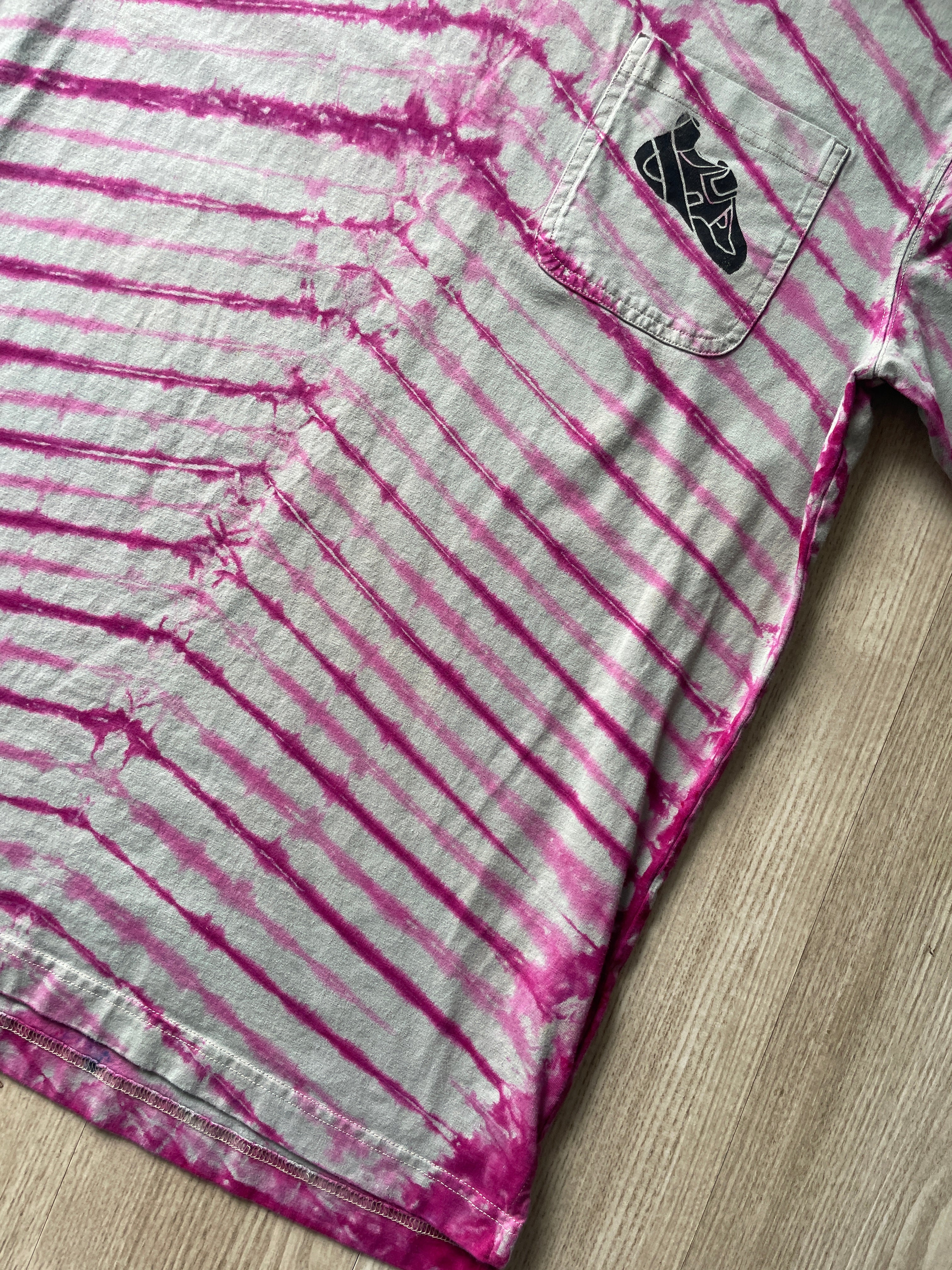LARGE (Tall) Men’s Climbing Shoe Handmade Tie Dyed T-Shirt | One-Of-a-Kind Gray and Pink Pleated Short Sleeve