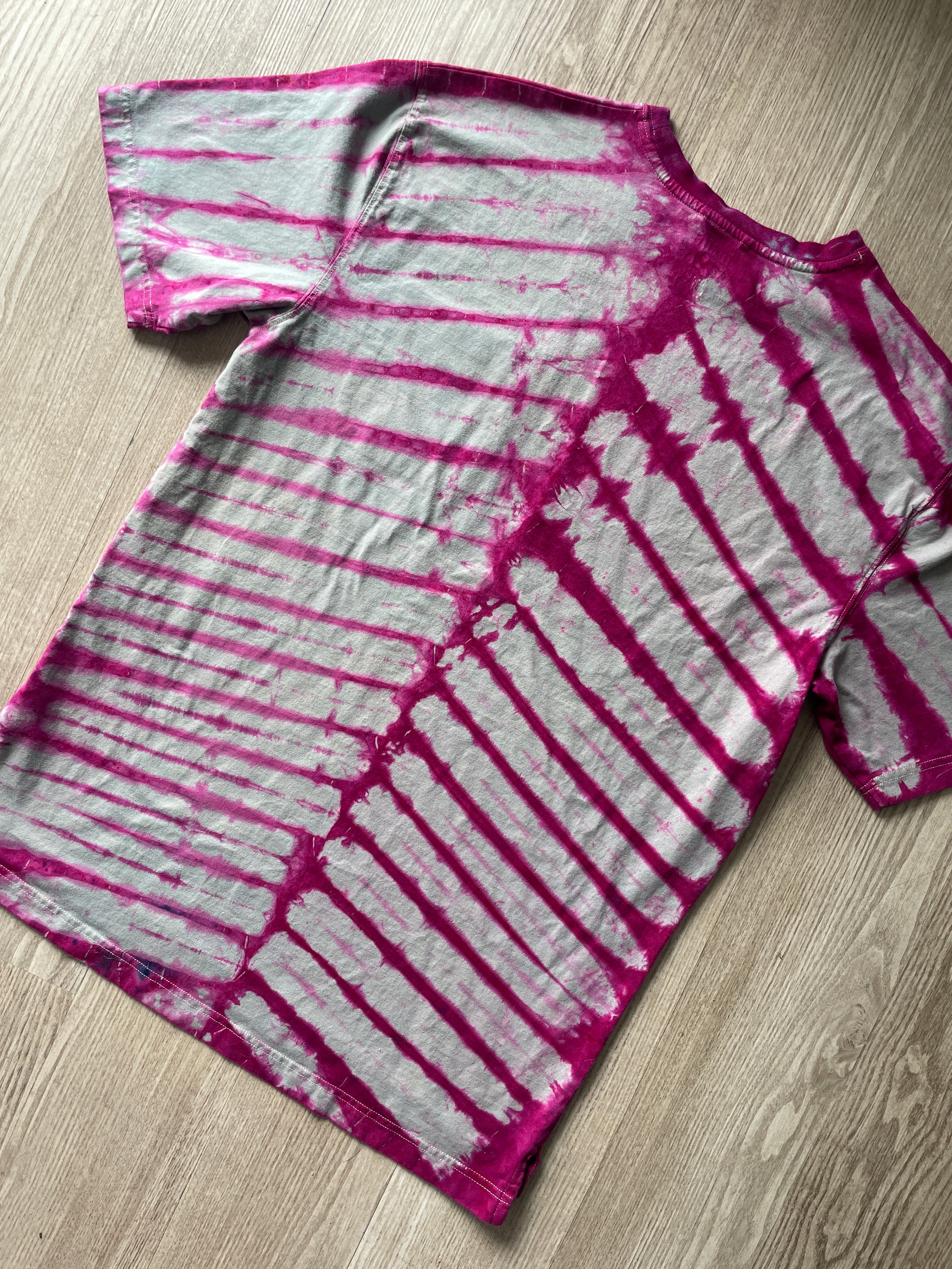 LARGE (Tall) Men’s Climbing Shoe Handmade Tie Dyed T-Shirt | One-Of-a-Kind Gray and Pink Pleated Short Sleeve