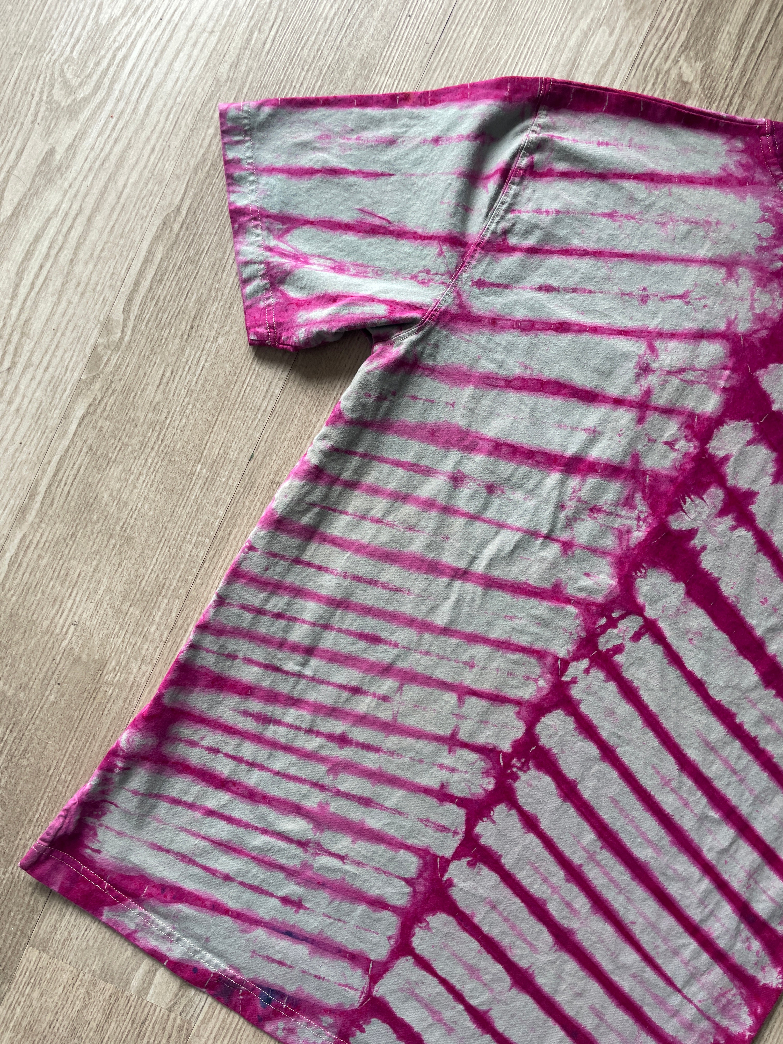 LARGE (Tall) Men’s Climbing Shoe Handmade Tie Dyed T-Shirt | One-Of-a-Kind Gray and Pink Pleated Short Sleeve