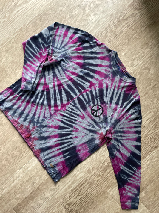 LARGE Men’s Pendleton Woolen Mills Hand-Printed Peace Sign Tie Dye Long Sleeve T-Shirt | One-Of-a-Kind Upcycled Pink and Black Graphic Tee