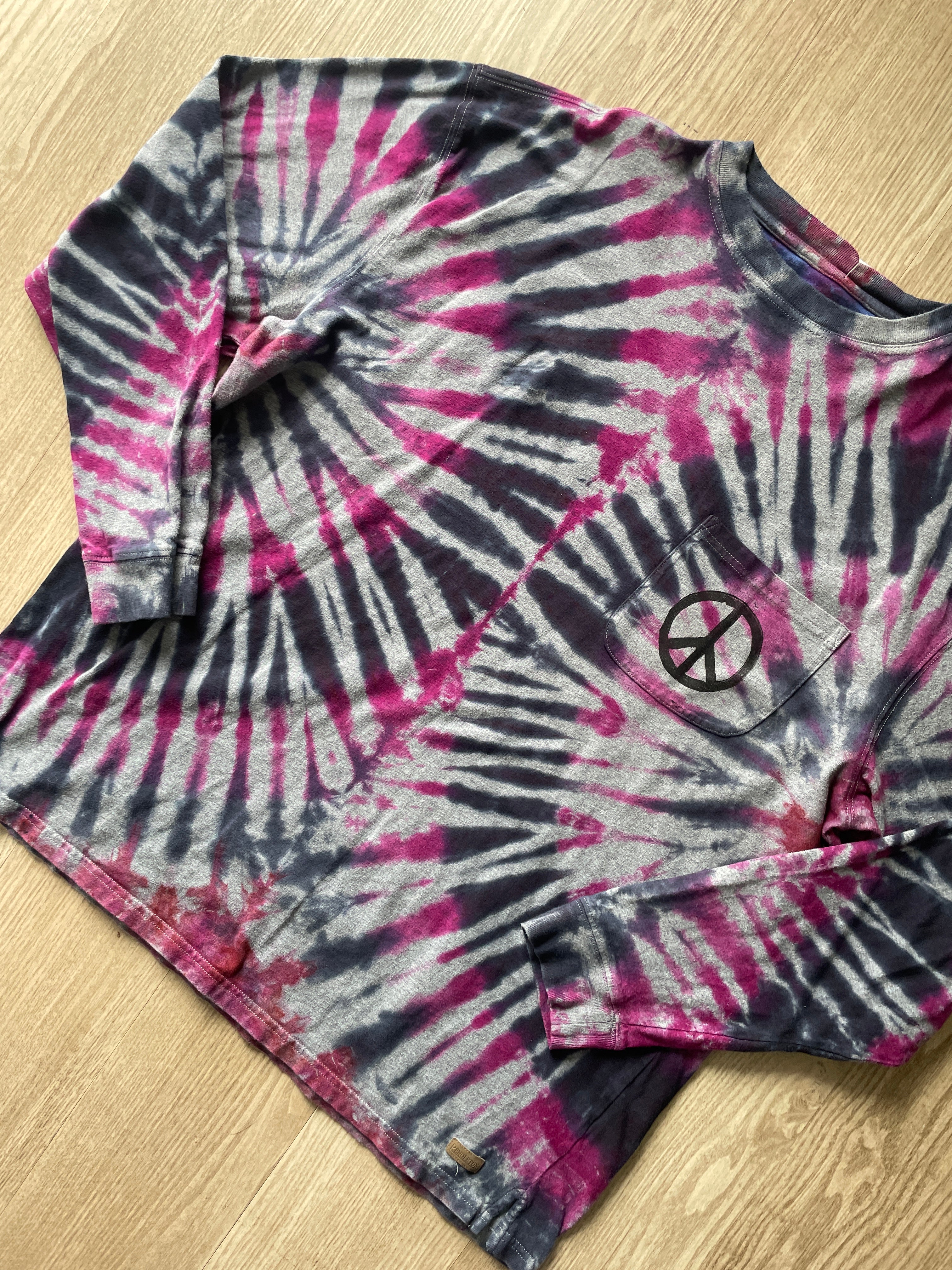 LARGE Men’s Pendleton Woolen Mills Hand-Printed Peace Sign Tie Dye Long Sleeve T-Shirt | One-Of-a-Kind Upcycled Pink and Black Graphic Tee