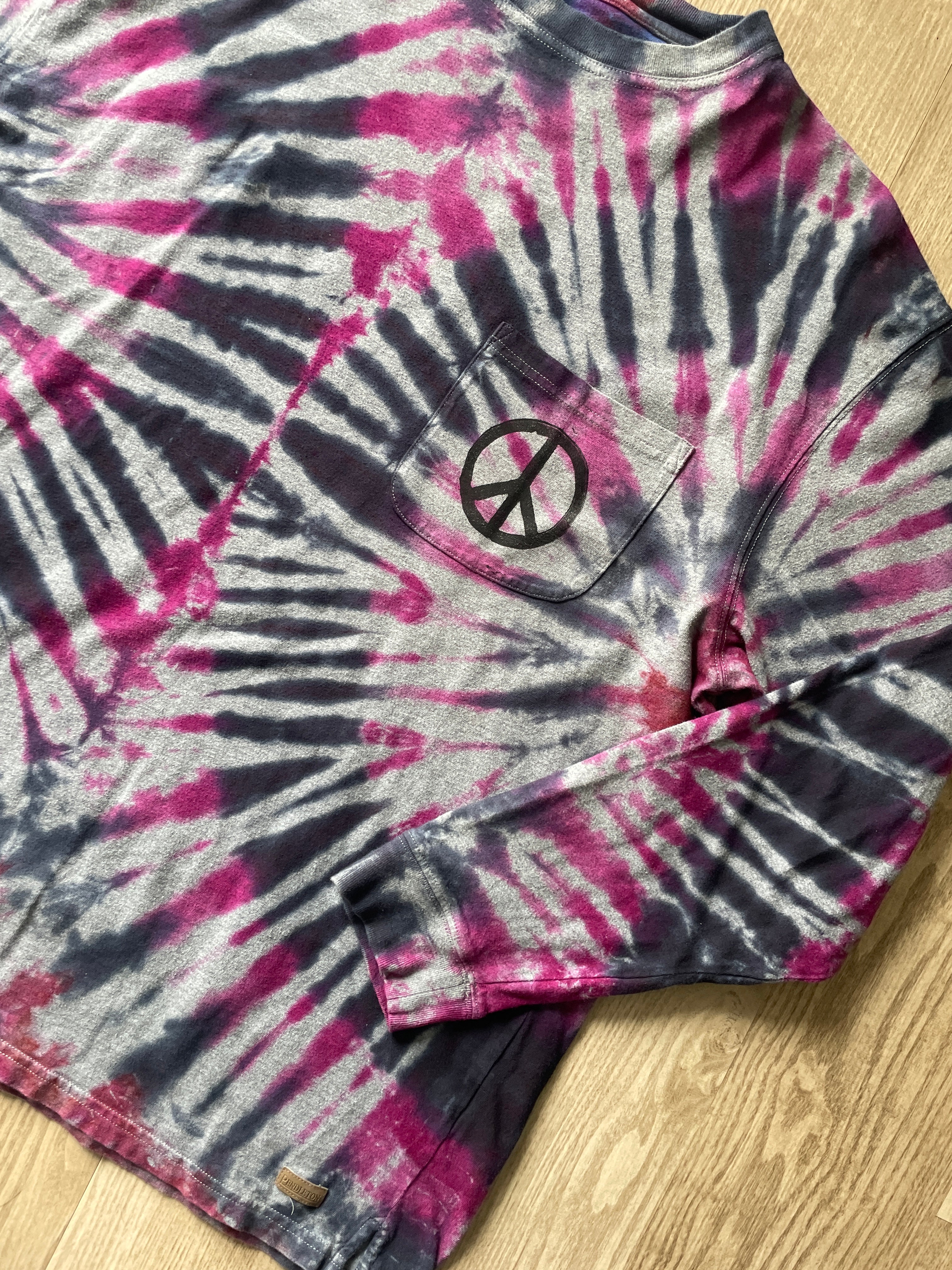LARGE Men’s Pendleton Woolen Mills Hand-Printed Peace Sign Tie Dye Long Sleeve T-Shirt | One-Of-a-Kind Upcycled Pink and Black Graphic Tee