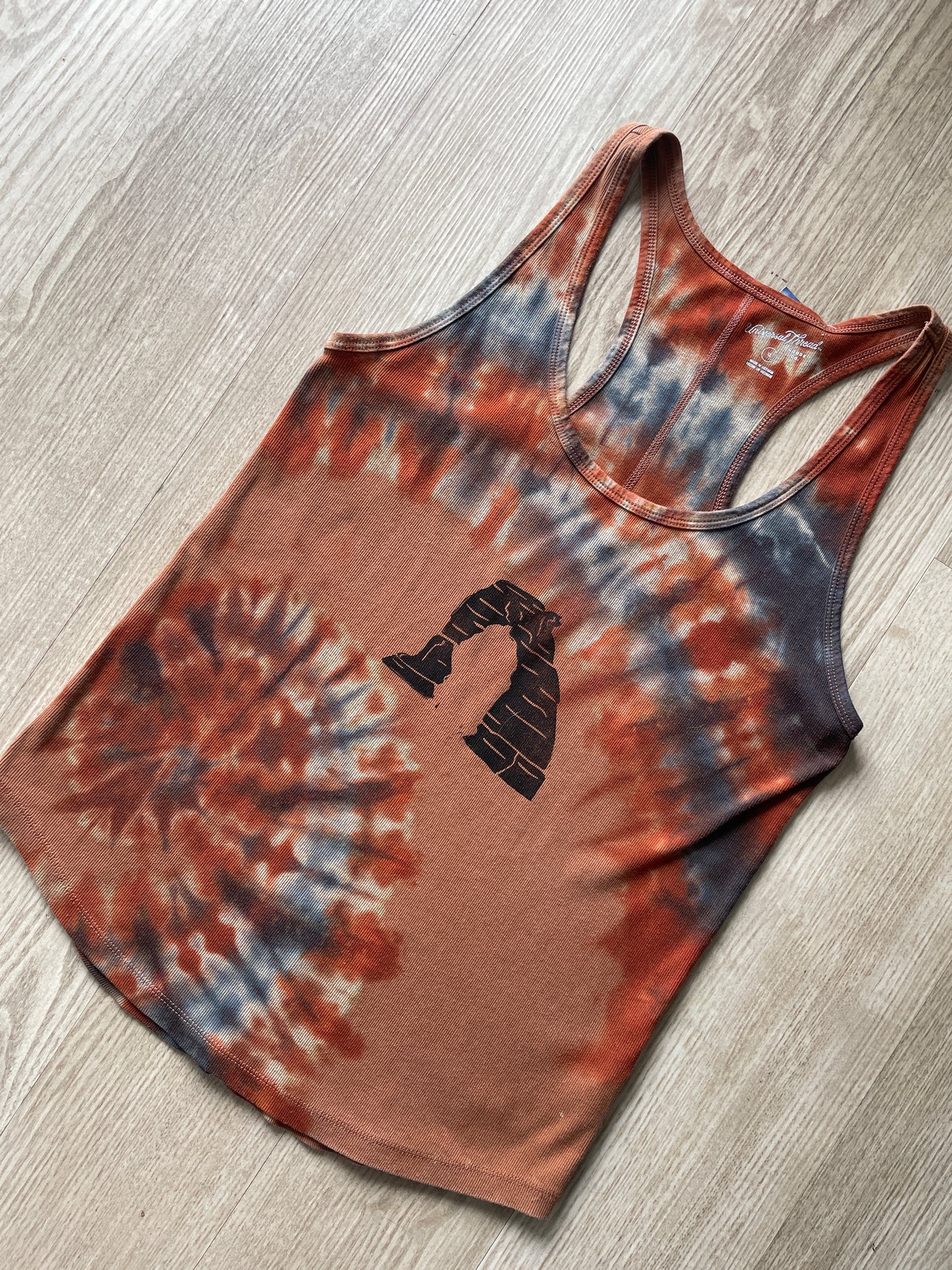 XL Women's Hand-Printed Delicate Arch Reverse Tie Dye Tank Top | Handmade One-Of-a-Kind Upcycled Orange and Black Sleeveless Top