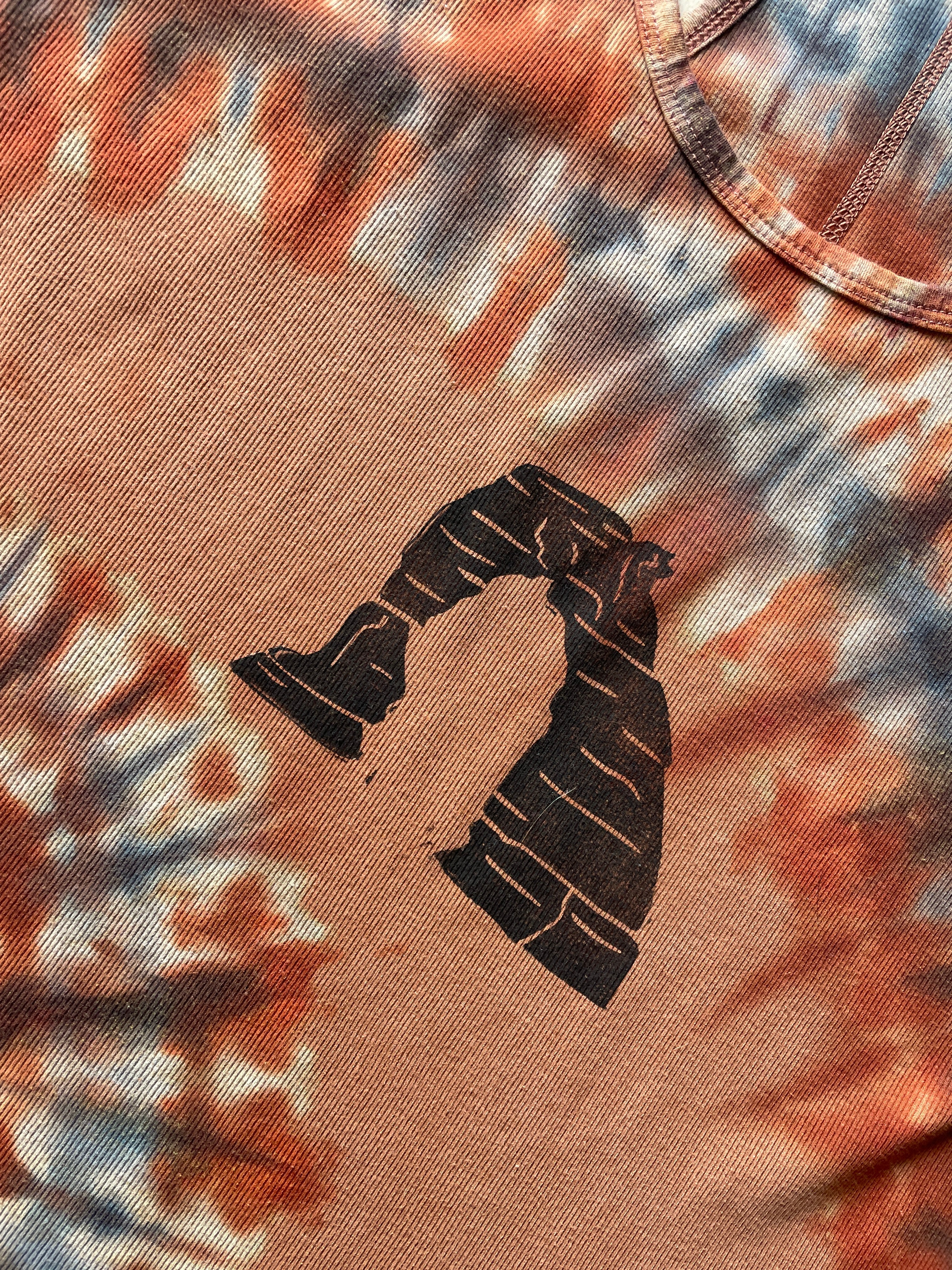 XL Women's Hand-Printed Delicate Arch Reverse Tie Dye Tank Top | Handmade One-Of-a-Kind Upcycled Orange and Black Sleeveless Top