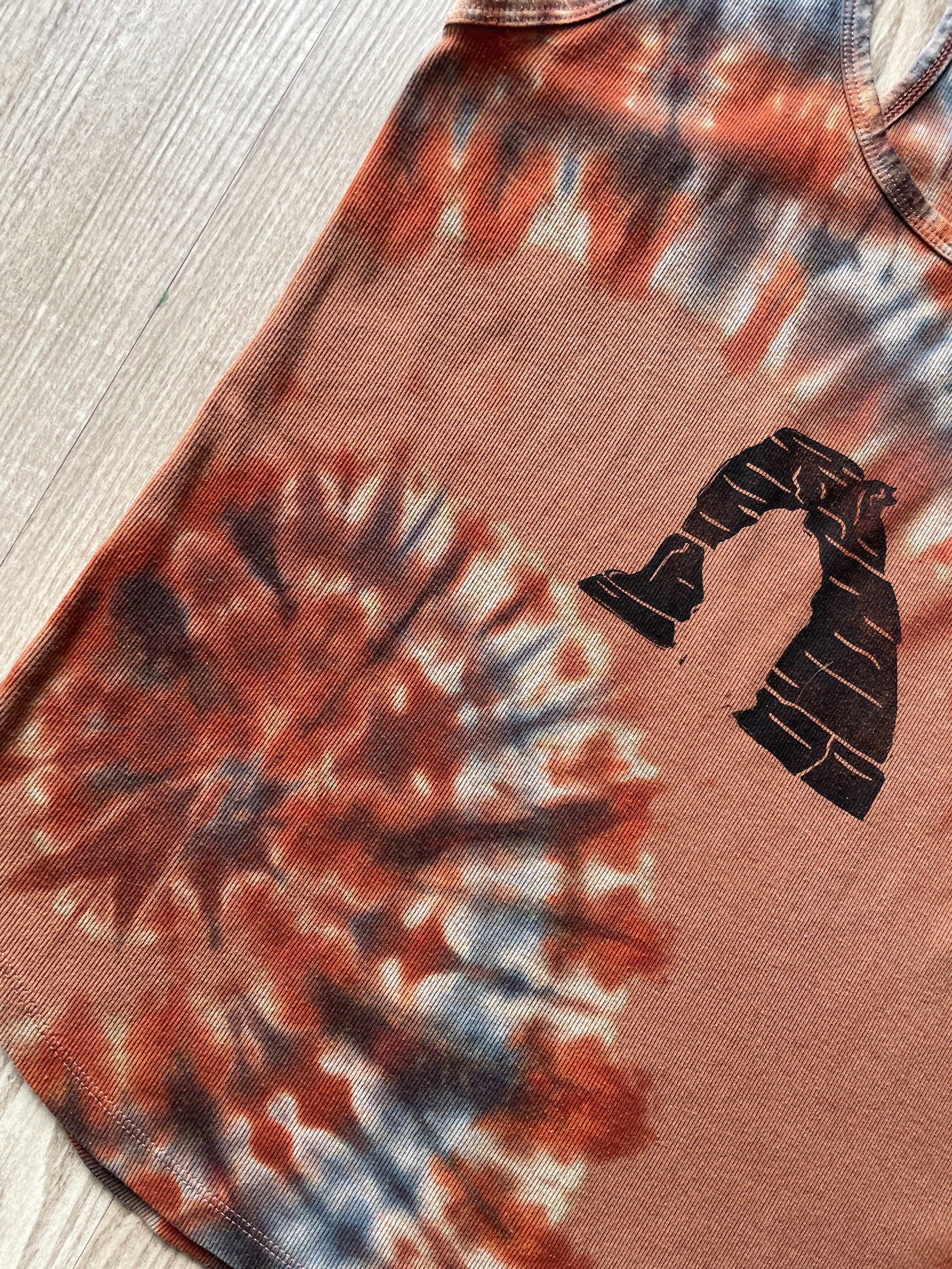 XL Women's Hand-Printed Delicate Arch Reverse Tie Dye Tank Top | Handmade One-Of-a-Kind Upcycled Orange and Black Sleeveless Top