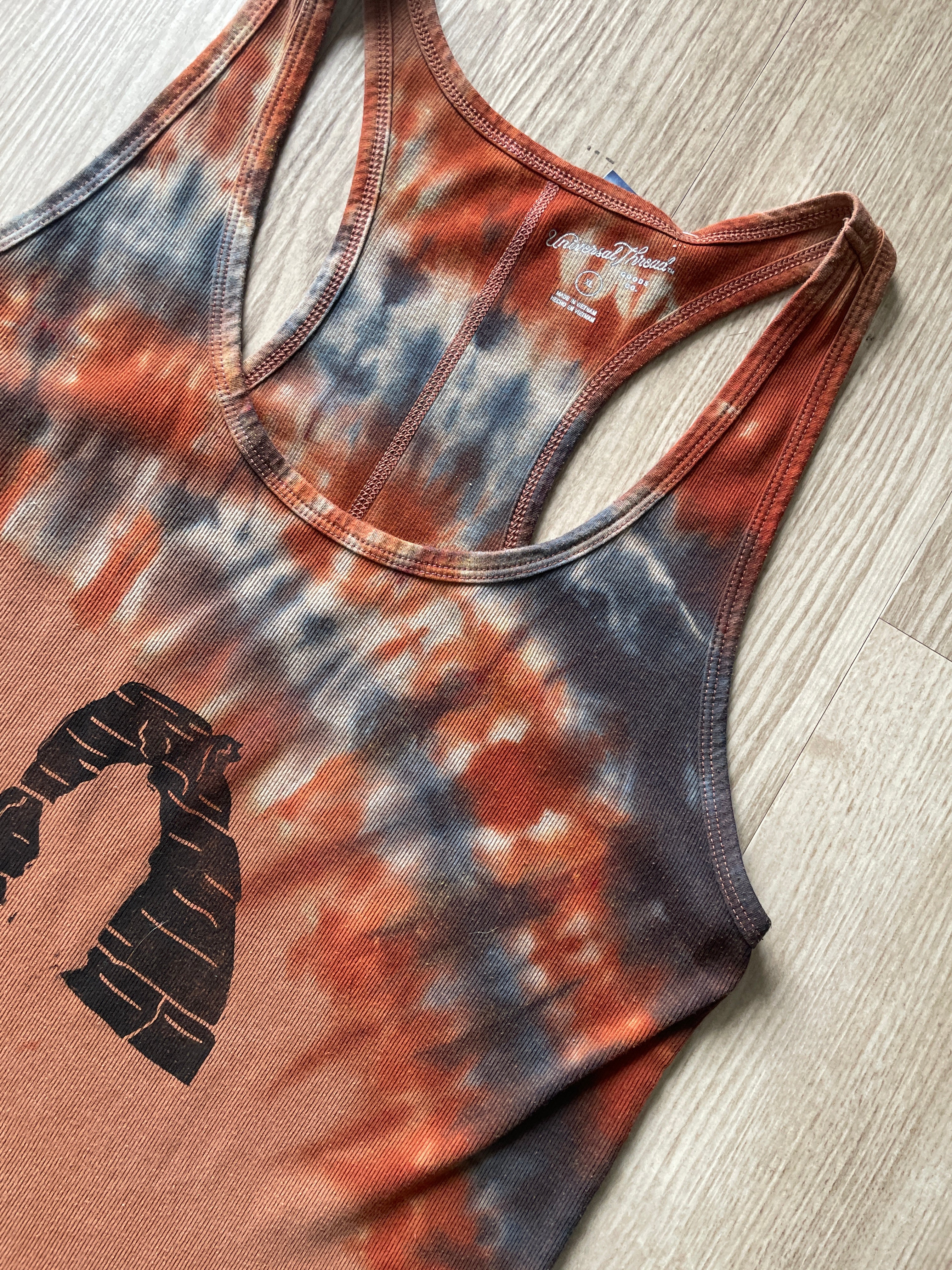 XL Women's Hand-Printed Delicate Arch Reverse Tie Dye Tank Top | Handmade One-Of-a-Kind Upcycled Orange and Black Sleeveless Top
