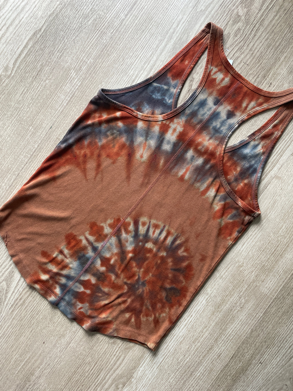 XL Women's Hand-Printed Delicate Arch Reverse Tie Dye Tank Top | Handmade One-Of-a-Kind Upcycled Orange and Black Sleeveless Top