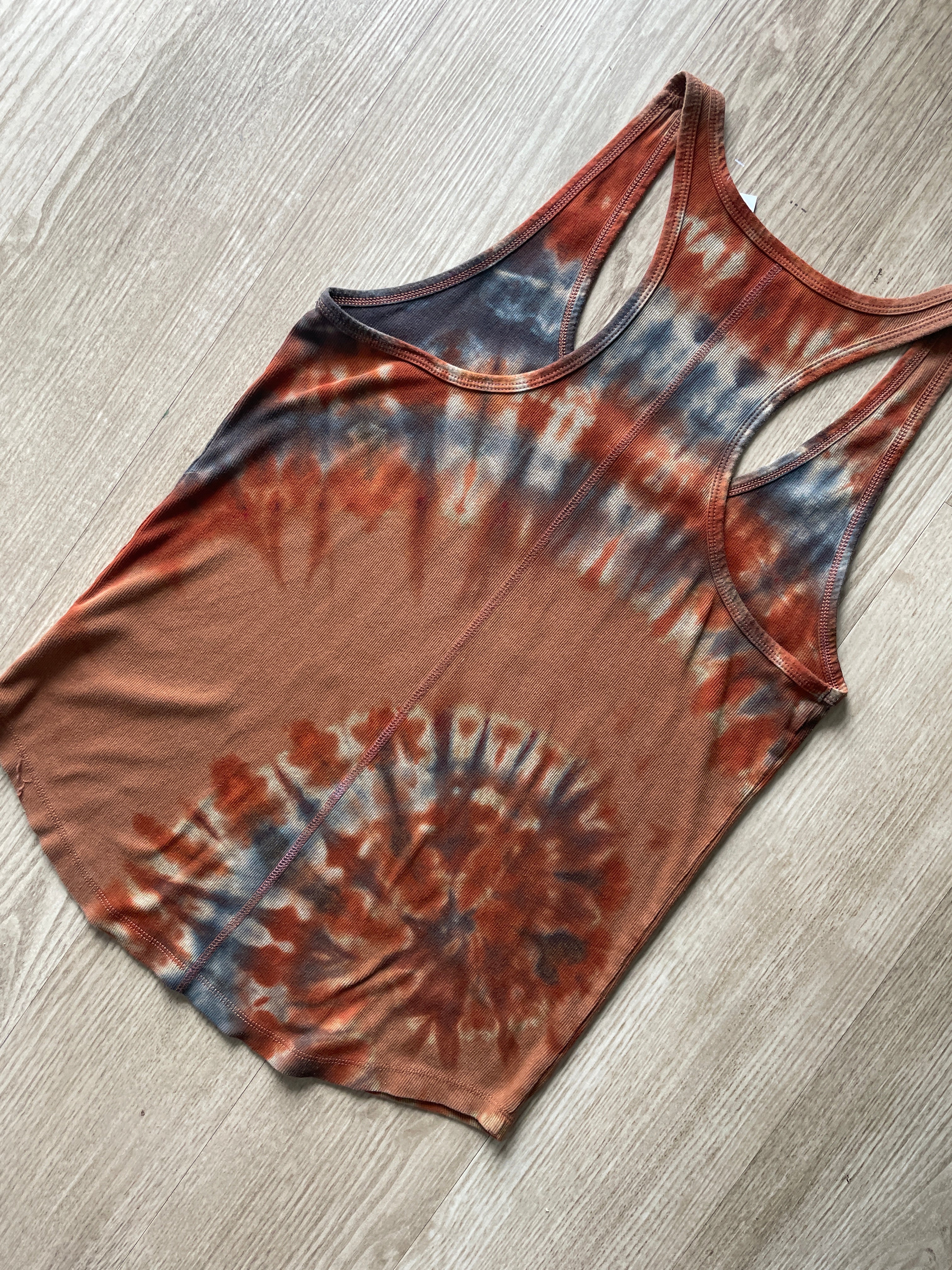 XL Women's Hand-Printed Delicate Arch Reverse Tie Dye Tank Top | Handmade One-Of-a-Kind Upcycled Orange and Black Sleeveless Top