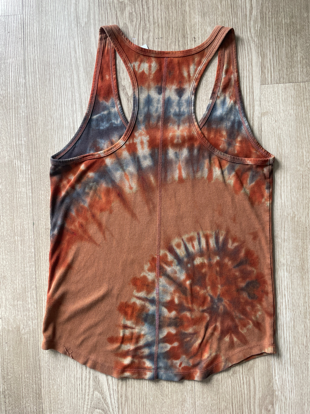 XL Women's Hand-Printed Delicate Arch Reverse Tie Dye Tank Top | Handmade One-Of-a-Kind Upcycled Orange and Black Sleeveless Top
