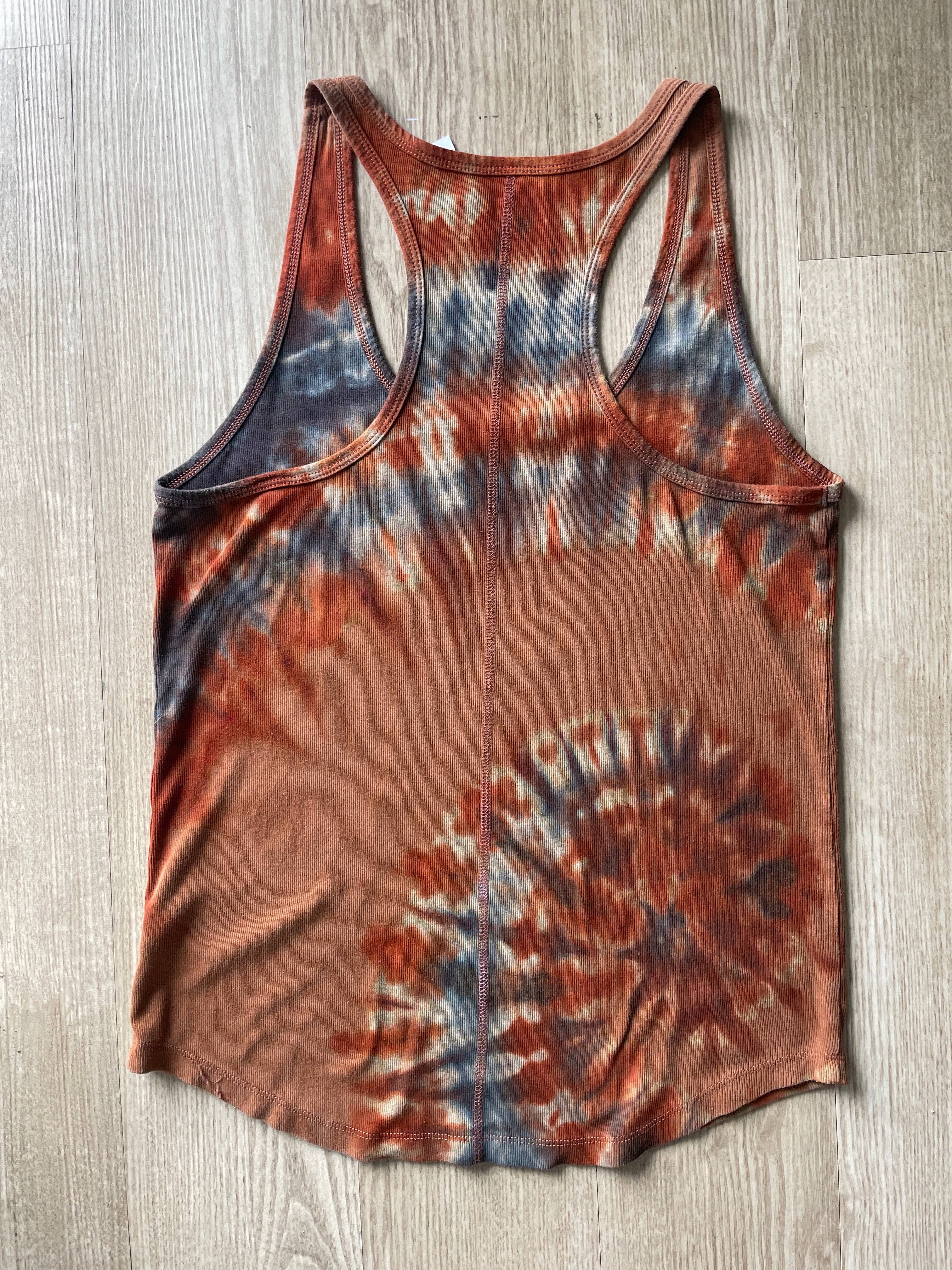 XL Women's Hand-Printed Delicate Arch Reverse Tie Dye Tank Top | Handmade One-Of-a-Kind Upcycled Orange and Black Sleeveless Top