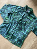 LARGE Women’s Saucatauk Dry Goods Grunge Handmade Tie Dye Flannel Shirt | One-Of-a-Kind Pastel Upcycled Long Sleeve with Snakes and Leaves Block Print