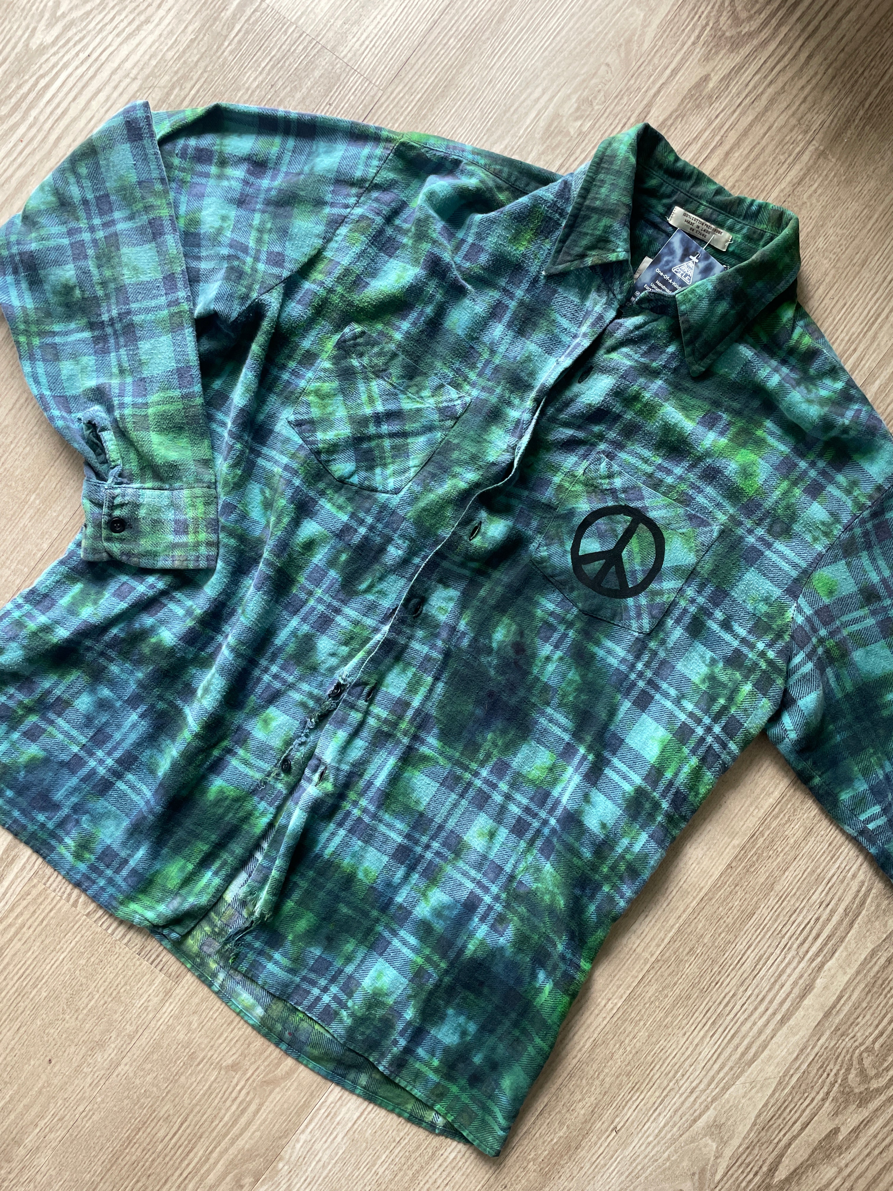 LARGE Women’s Saucatauk Dry Goods Grunge Handmade Tie Dye Flannel Shirt | One-Of-a-Kind Pastel Upcycled Long Sleeve with Snakes and Leaves Block Print