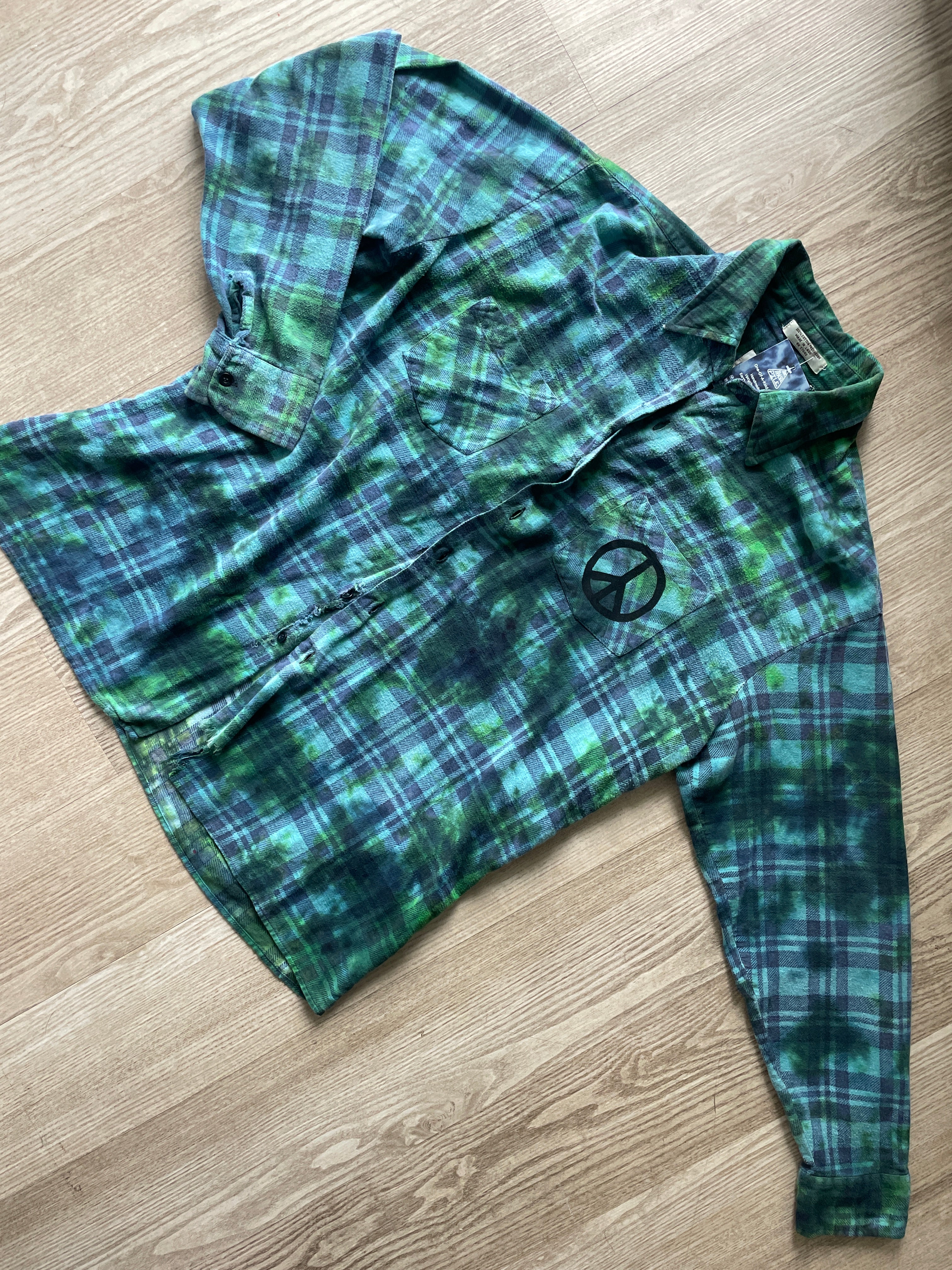 LARGE Women’s Saucatauk Dry Goods Grunge Handmade Tie Dye Flannel Shirt | One-Of-a-Kind Pastel Upcycled Long Sleeve with Snakes and Leaves Block Print