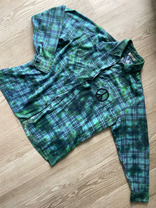 LARGE Women’s Saucatauk Dry Goods Grunge Handmade Tie Dye Flannel Shirt | One-Of-a-Kind Pastel Upcycled Long Sleeve with Snakes and Leaves Block Print