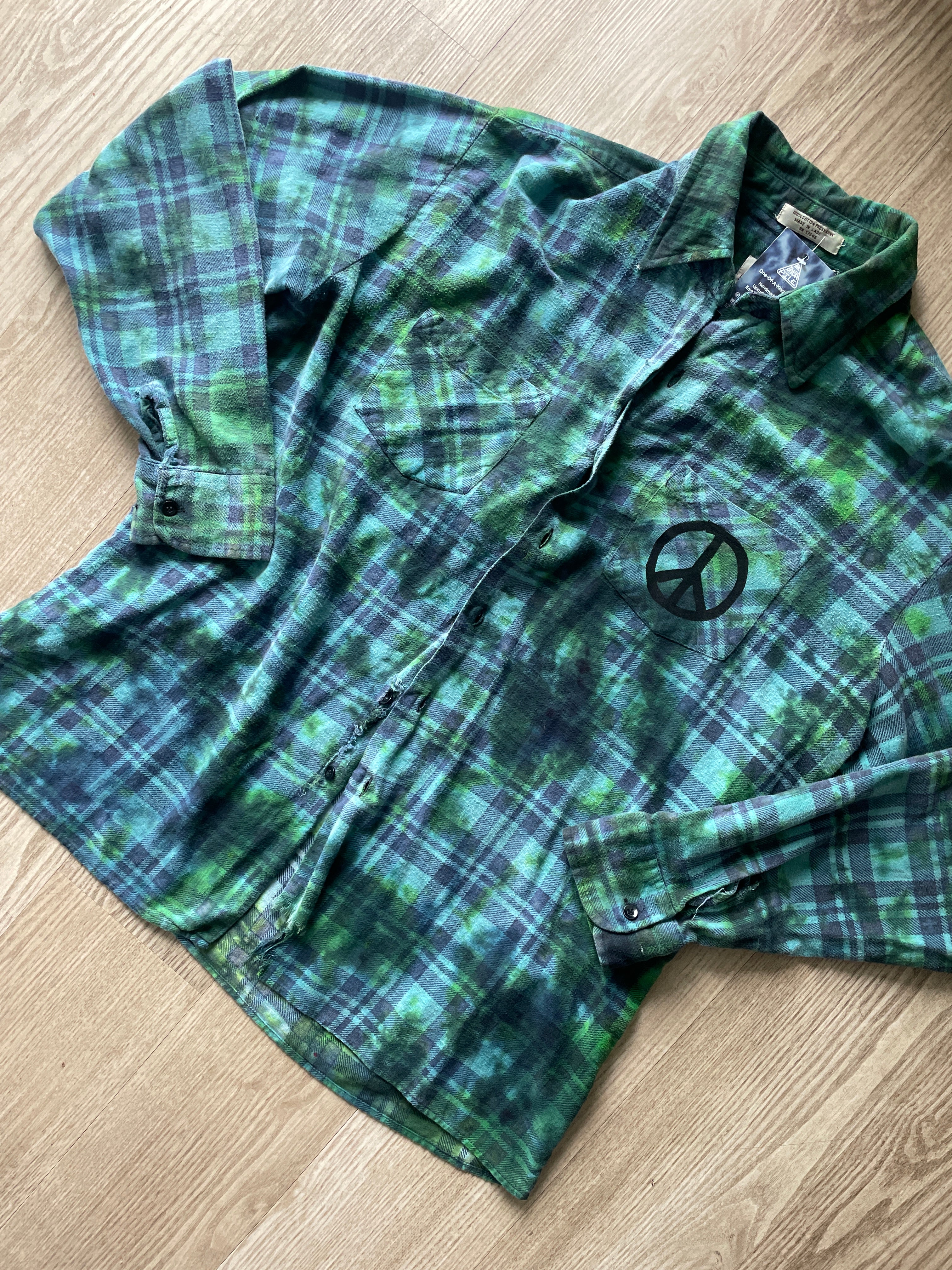 LARGE Women’s Saucatauk Dry Goods Grunge Handmade Tie Dye Flannel Shirt | One-Of-a-Kind Pastel Upcycled Long Sleeve with Snakes and Leaves Block Print