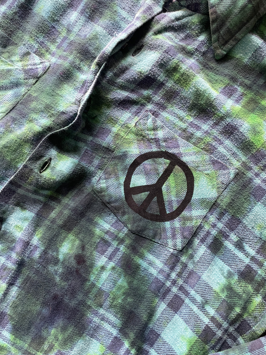 LARGE Women’s Saucatauk Dry Goods Grunge Handmade Tie Dye Flannel Shirt | One-Of-a-Kind Pastel Upcycled Long Sleeve with Snakes and Leaves Block Print