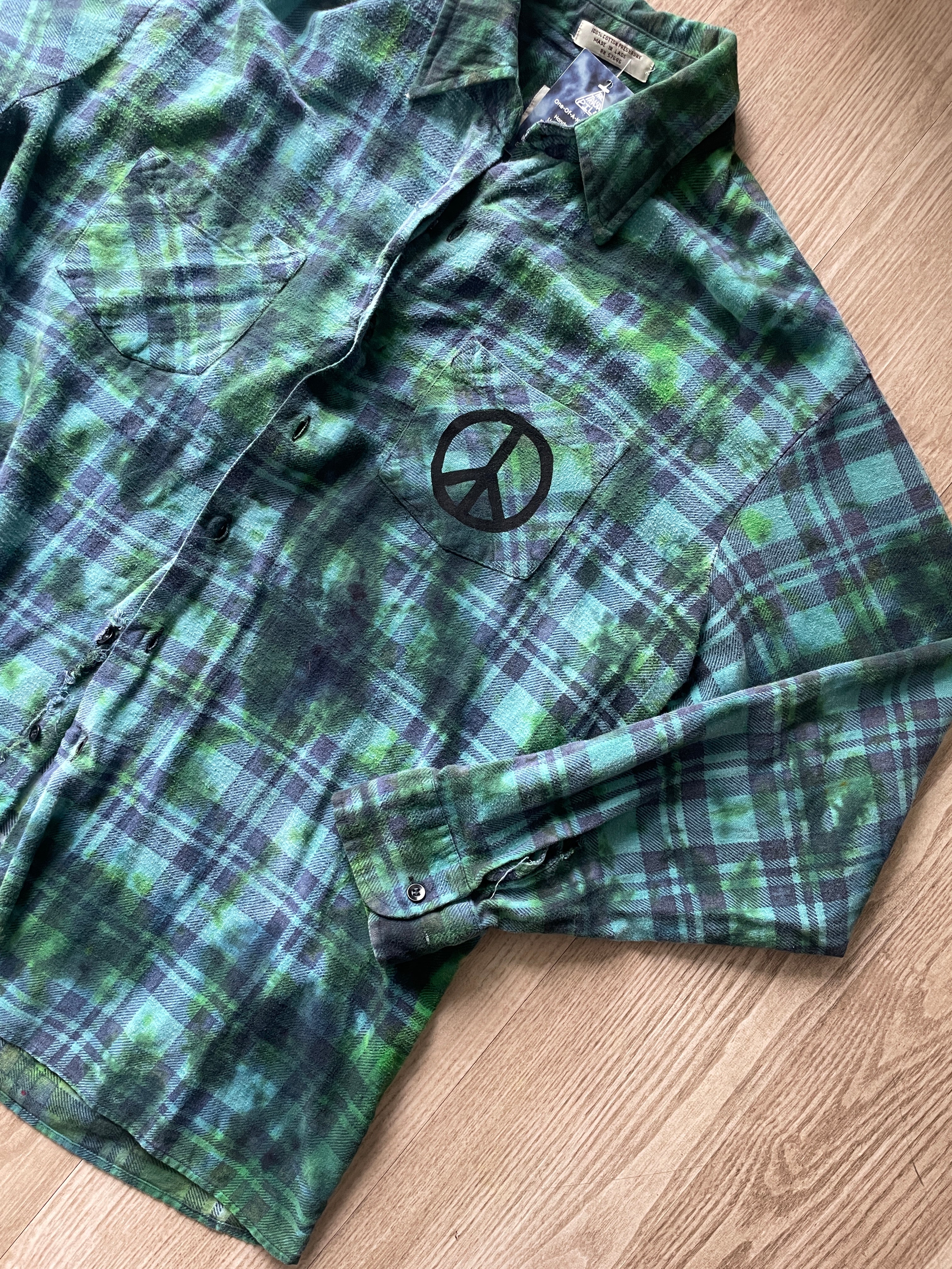 LARGE Women’s Saucatauk Dry Goods Grunge Handmade Tie Dye Flannel Shirt | One-Of-a-Kind Pastel Upcycled Long Sleeve with Snakes and Leaves Block Print